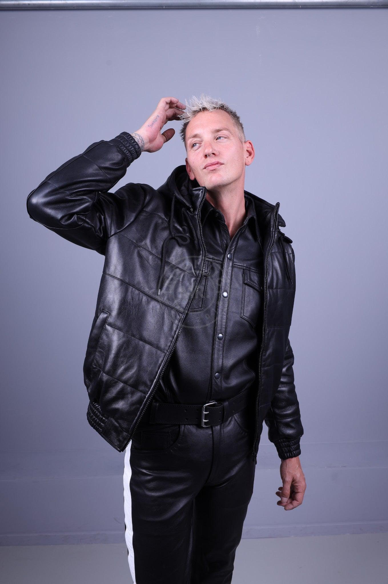 Black Leather Puffed Bomber Jacket at MR. Riegillio