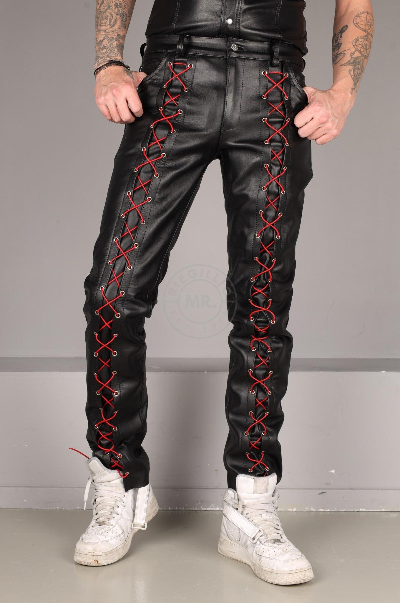 Black Leather Front Lace Up Pants - Red Lace at MR. Riegillio
