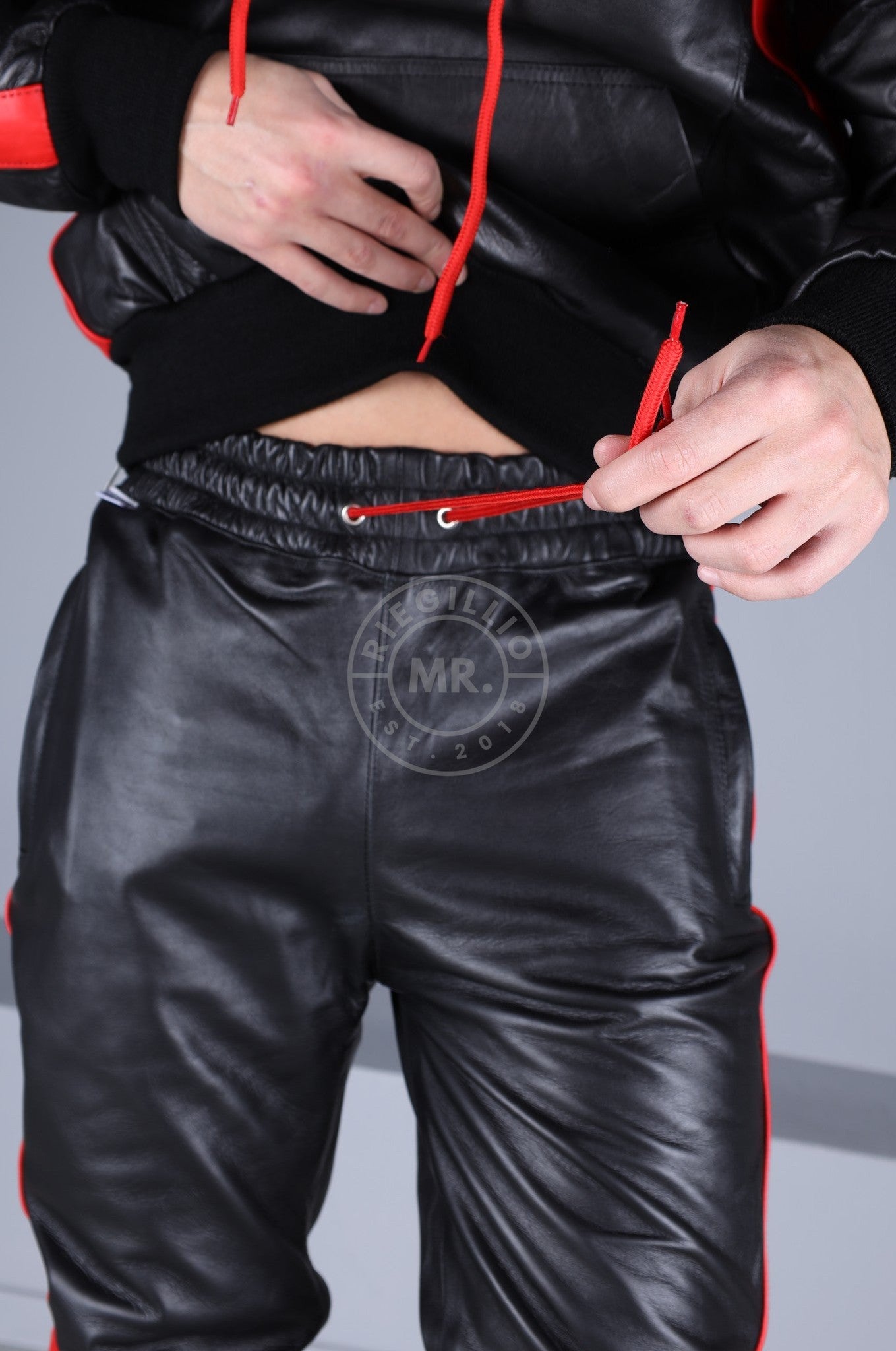 Black Leather Sports Pants - Red Stripe at MR. Riegillio