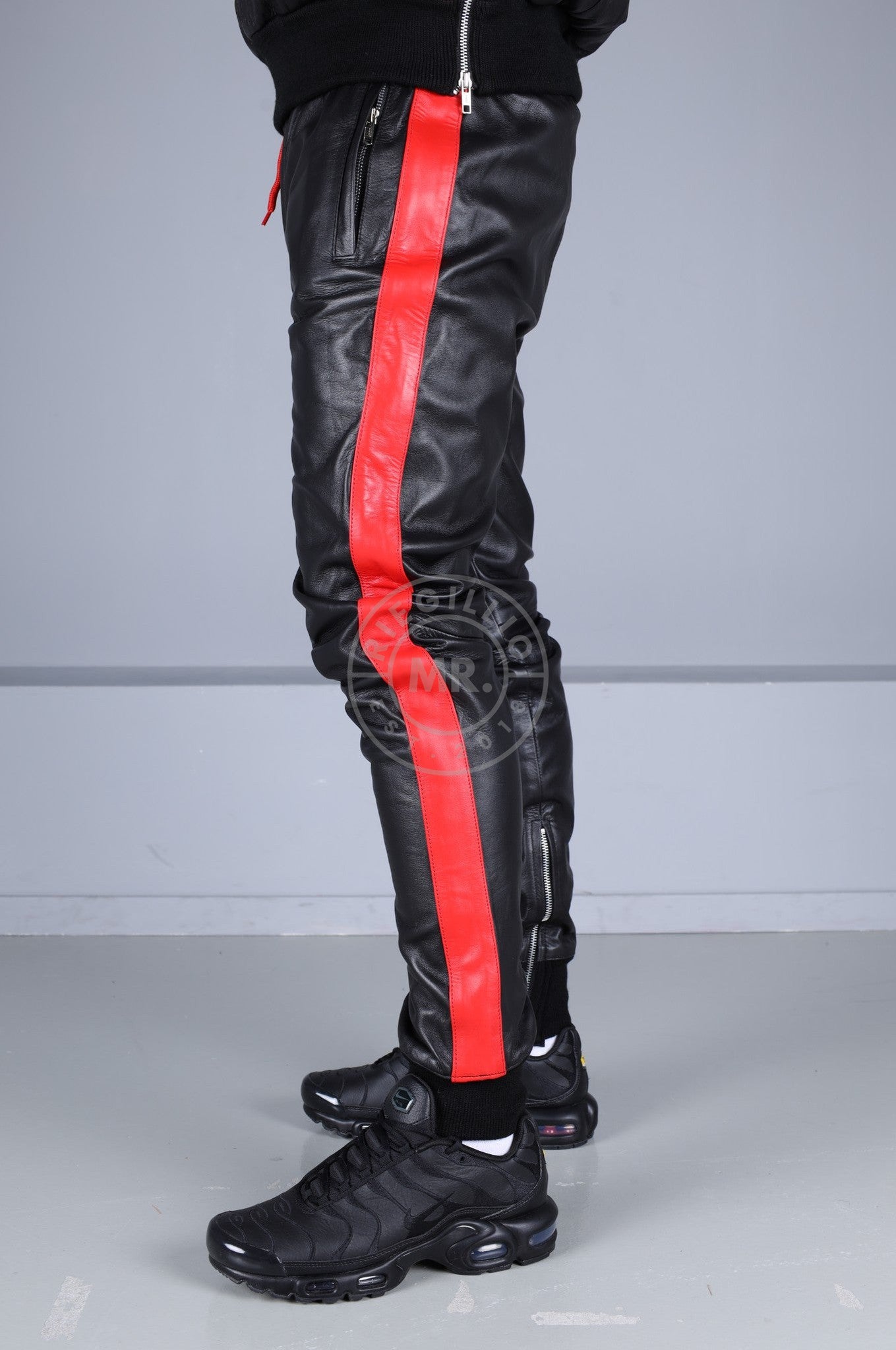 Black Leather Sports Pants - Red Stripe at MR. Riegillio