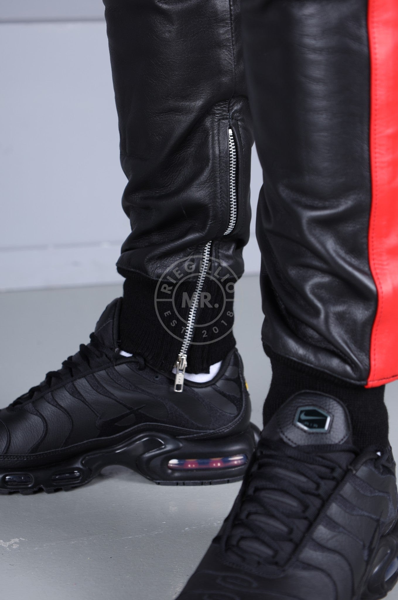 Black Leather Sports Pants - Red Stripe at MR. Riegillio