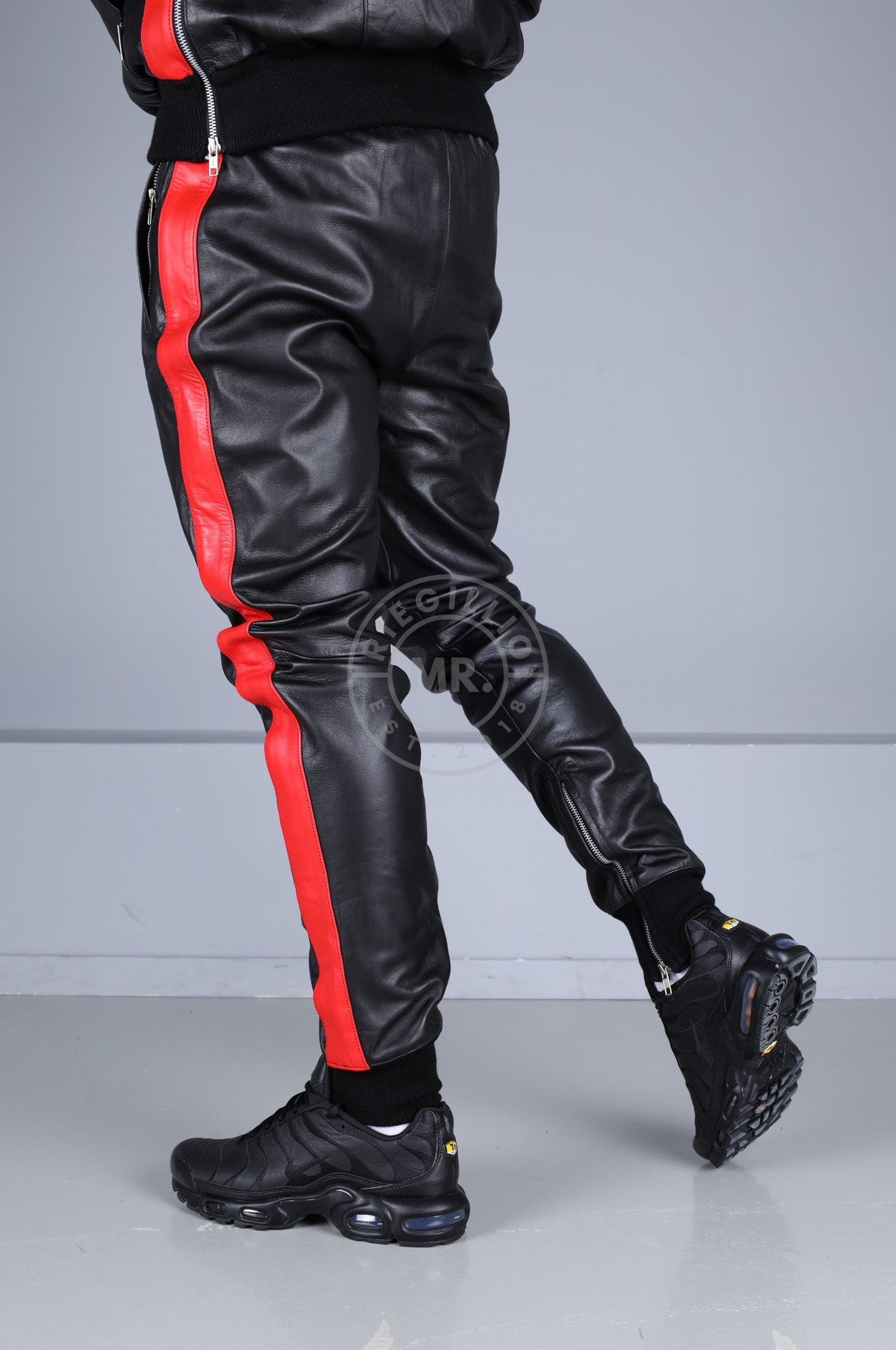 Black Leather Sports Pants - Red Stripe at MR. Riegillio