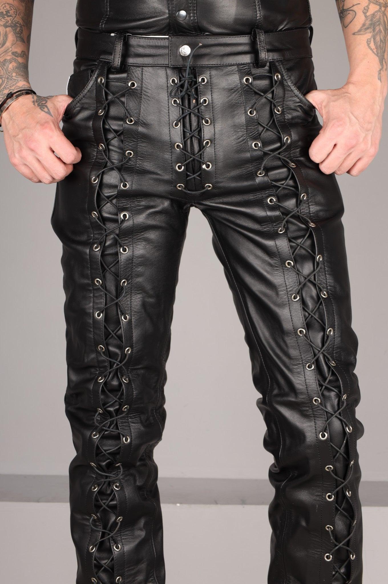 Black Leather Front Lace Up Pants - Black Lace at MR. Riegillio