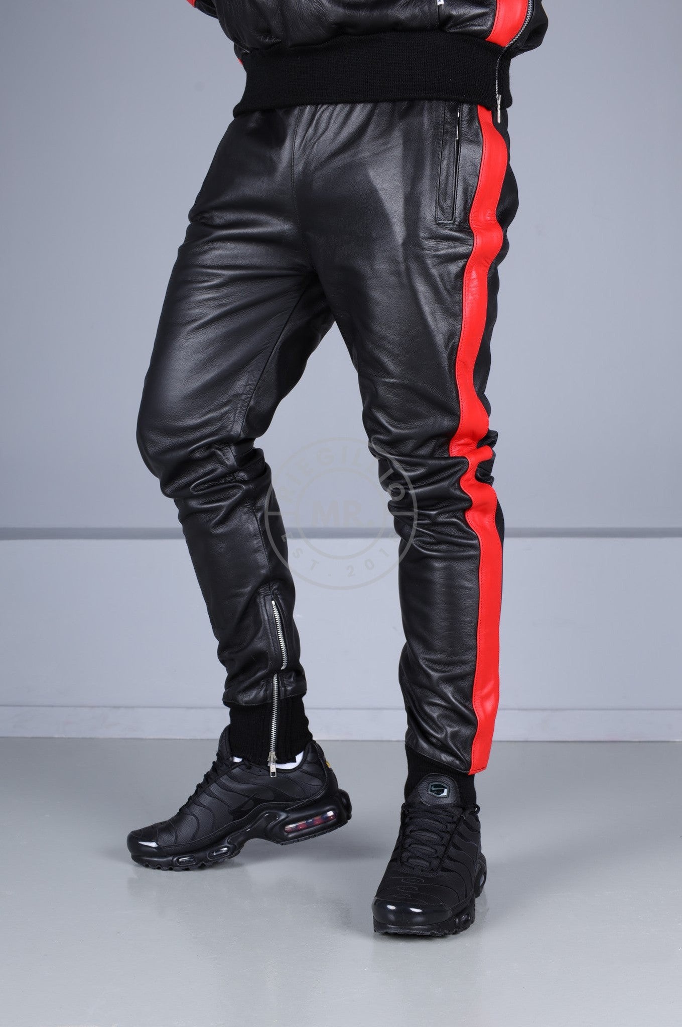 Black Leather Sports Pants - Red Stripe-at MR. Riegillio