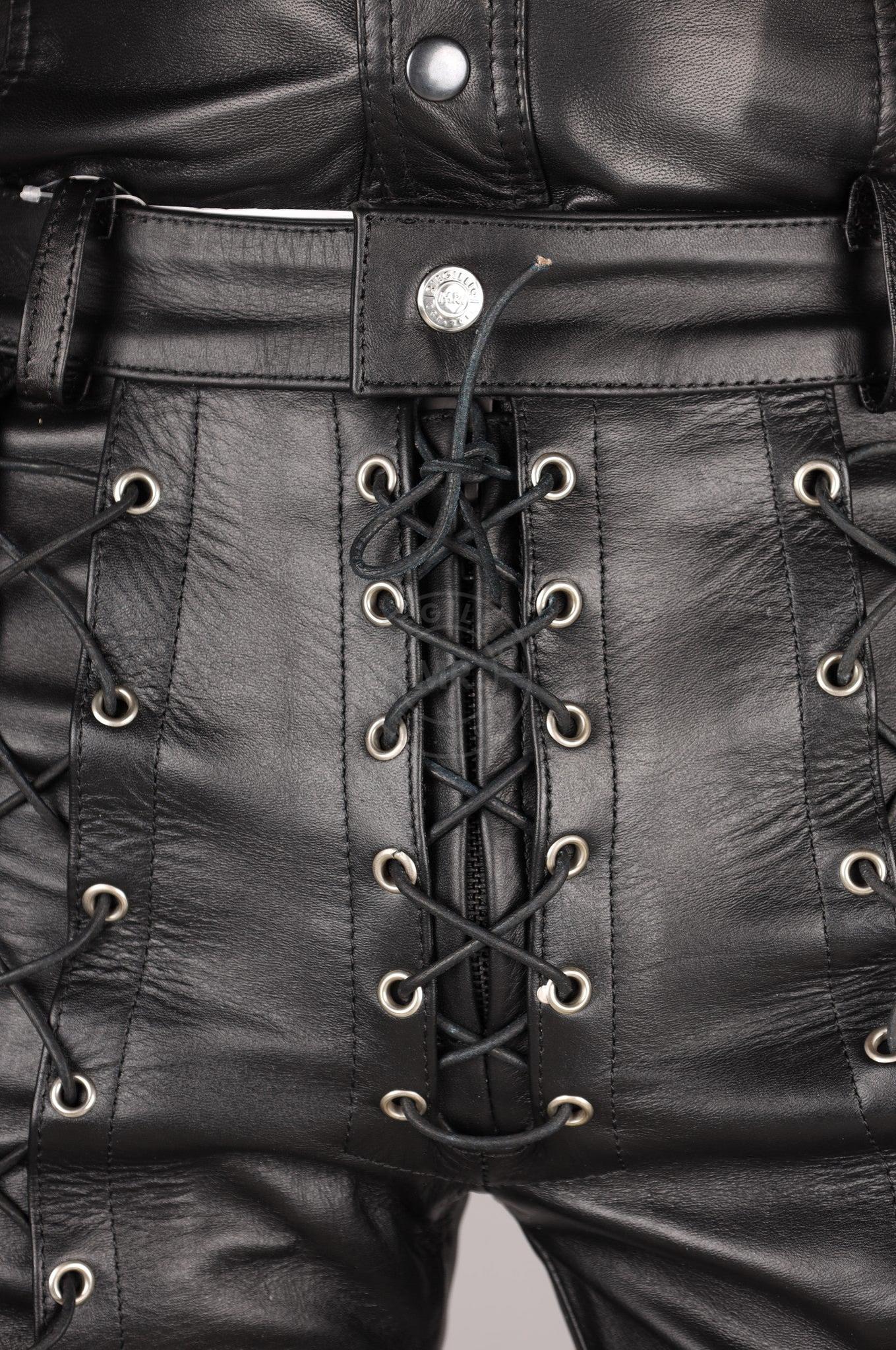 Black Leather Front Lace Up Pants - Black Lace at MR. Riegillio