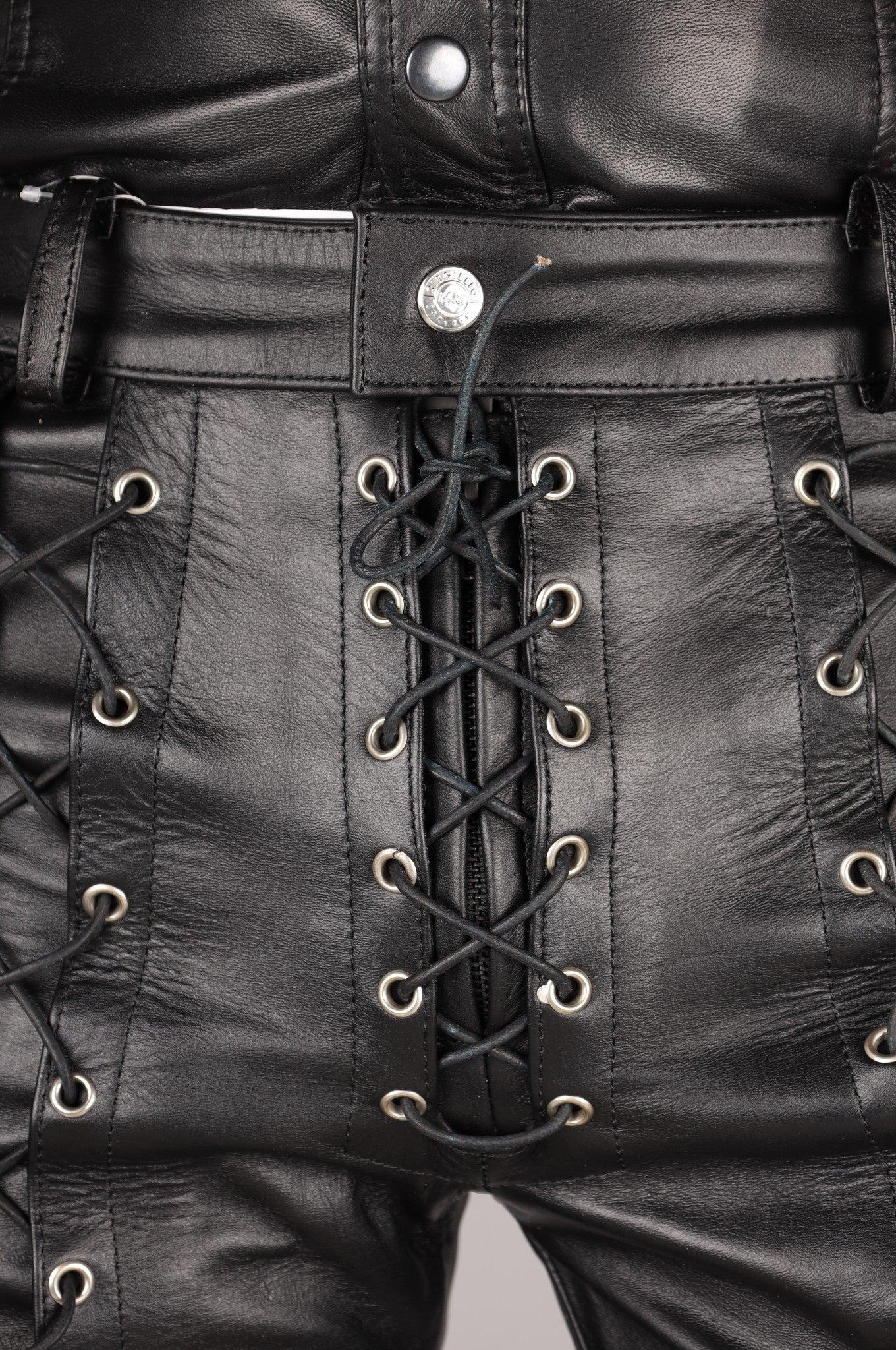 Black Leather Front Lace Up Pants - Black Lace at MR. Riegillio