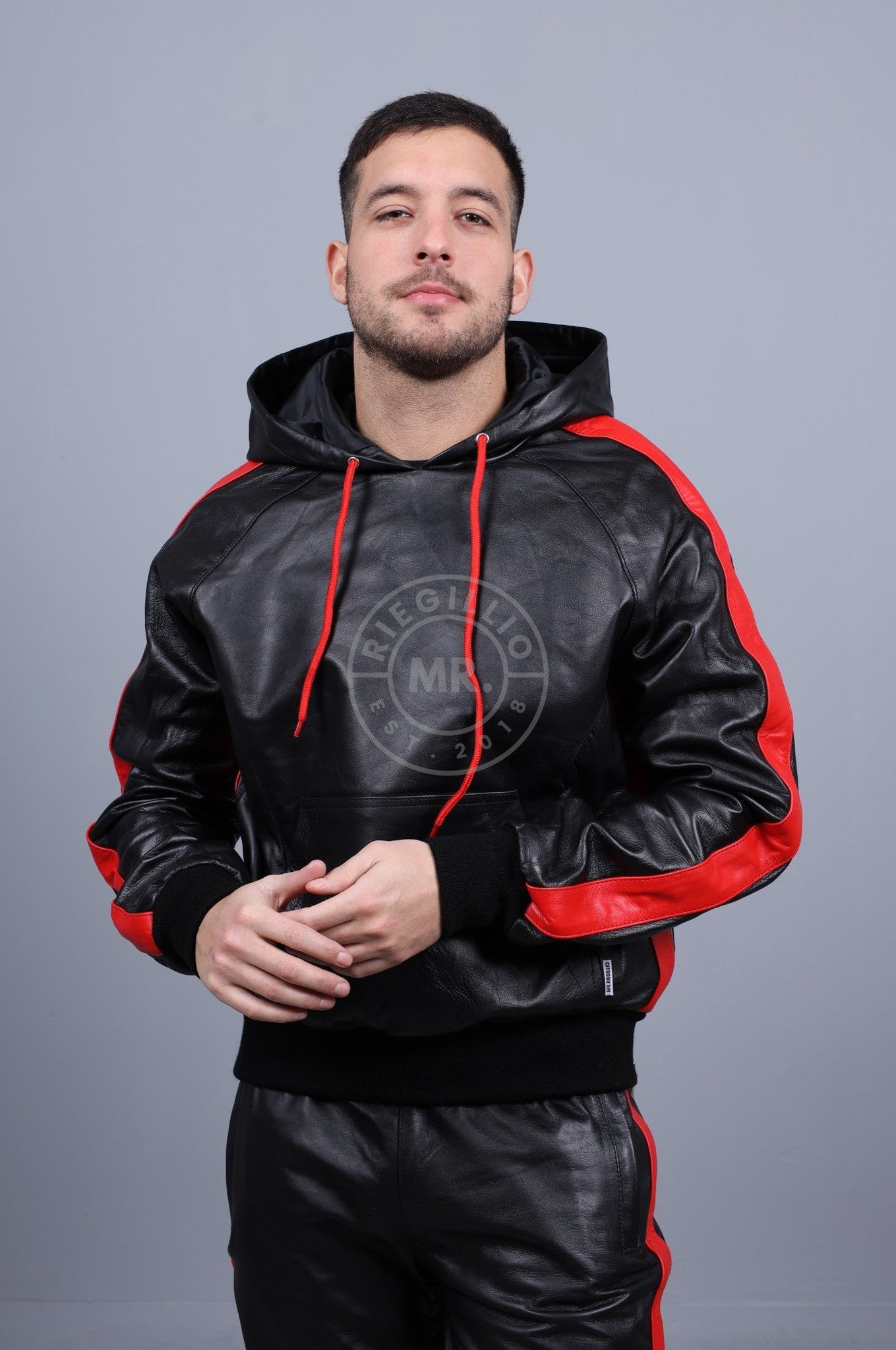 Black Leather Sports Hoodie - Red Stripe at MR. Riegillio