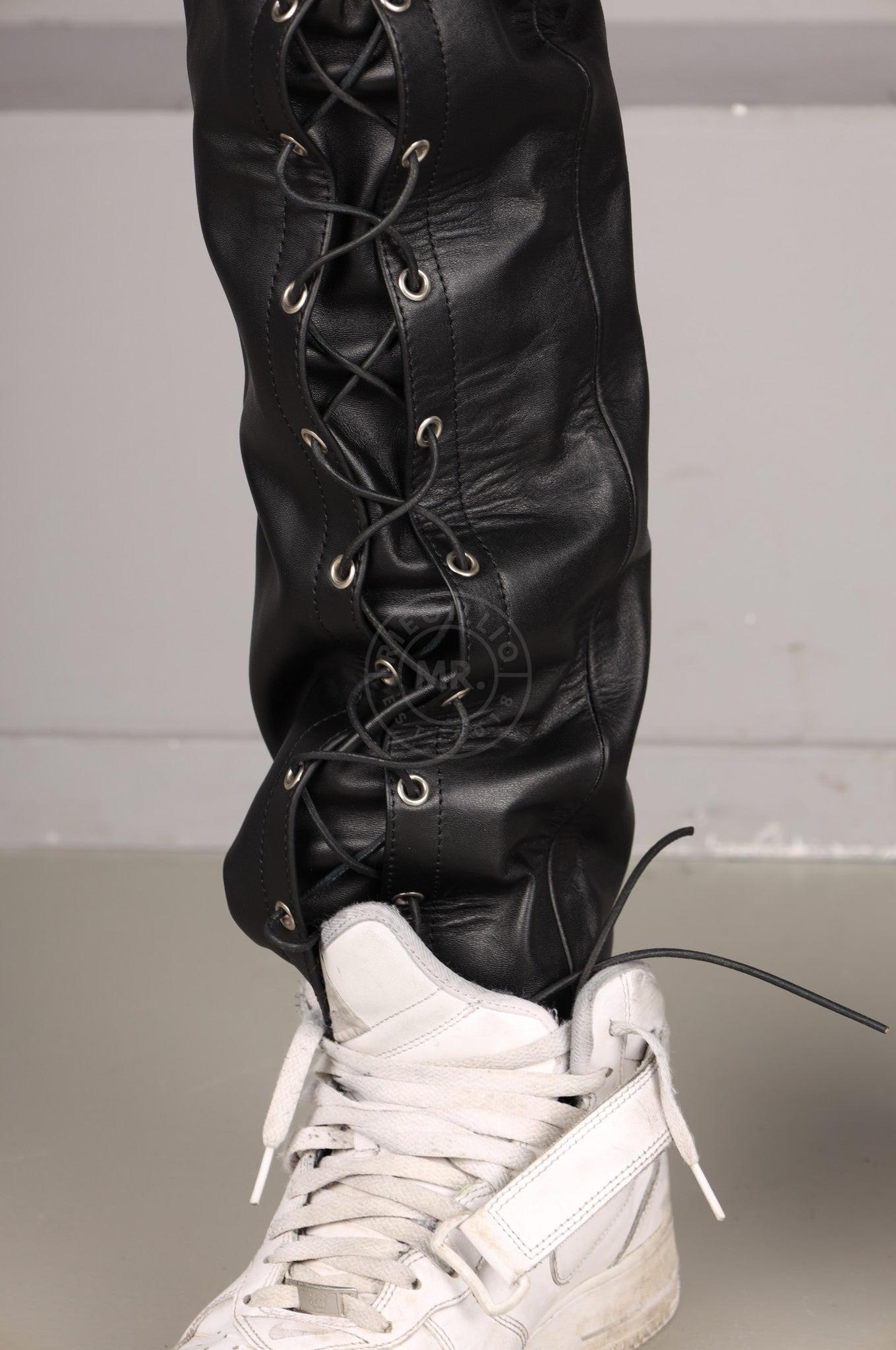 Black Leather Front Lace Up Pants - Black Lace at MR. Riegillio