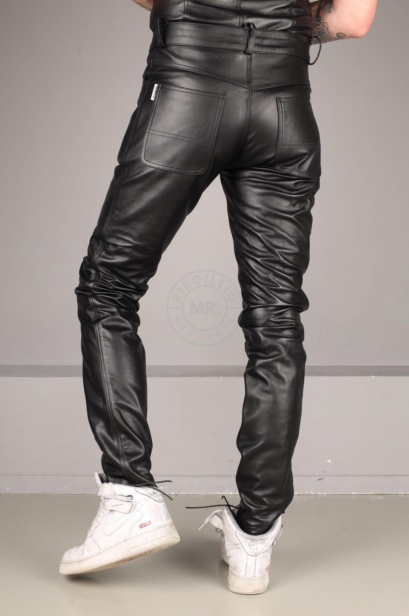 Black Leather Front Lace Up Pants - Black Lace at MR. Riegillio