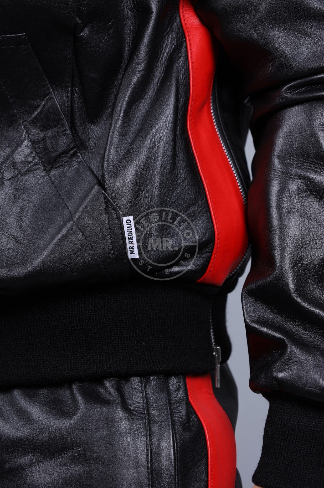 Black Leather Sports Hoodie - Red Stripe at MR. Riegillio