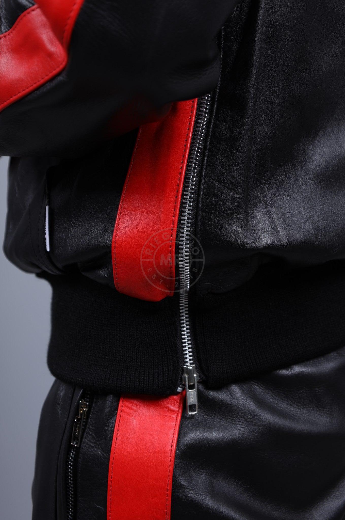 Black Leather Sports Hoodie - Red Stripe at MR. Riegillio