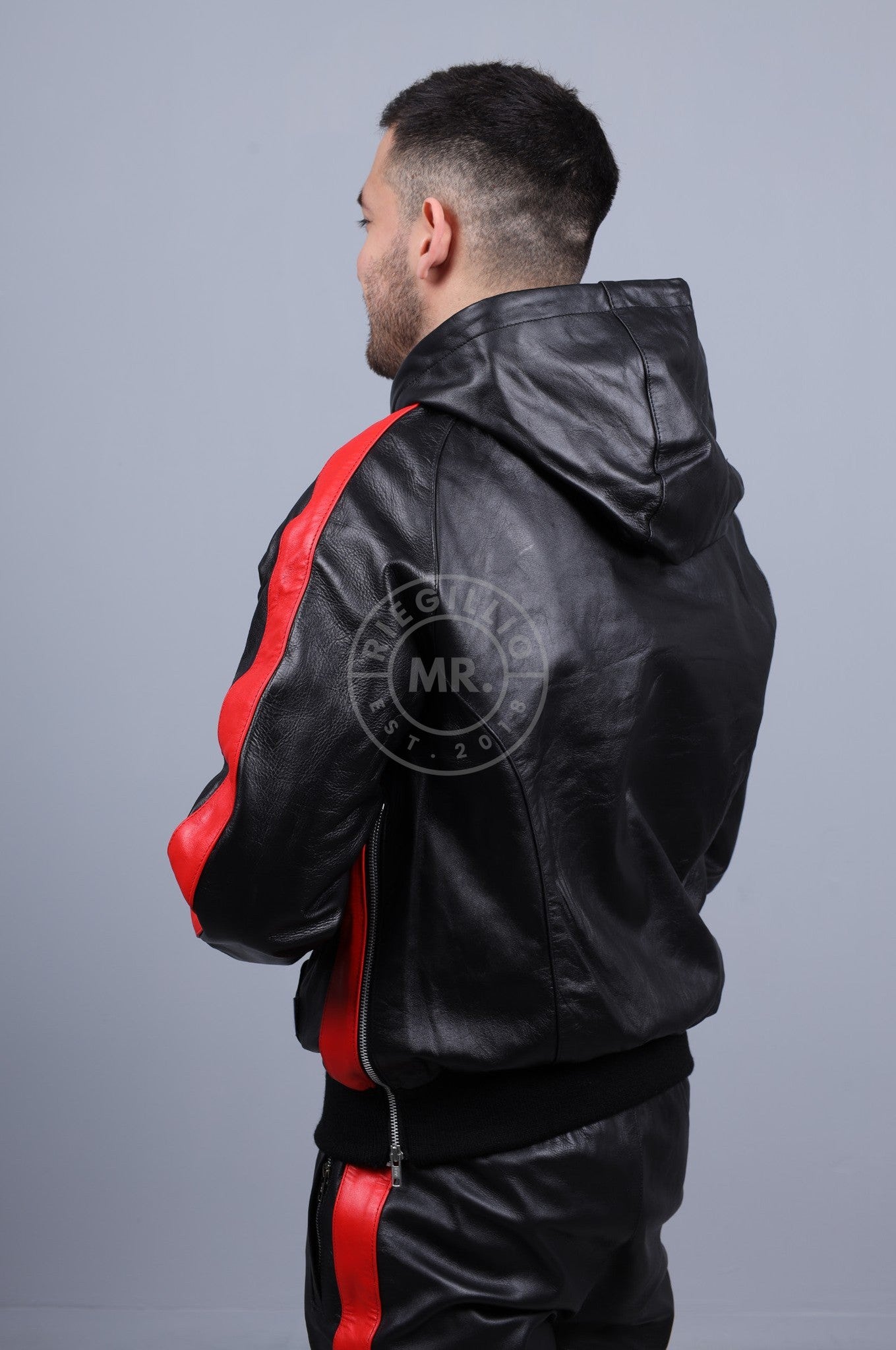 Black Leather Sports Hoodie - Red Stripe at MR. Riegillio