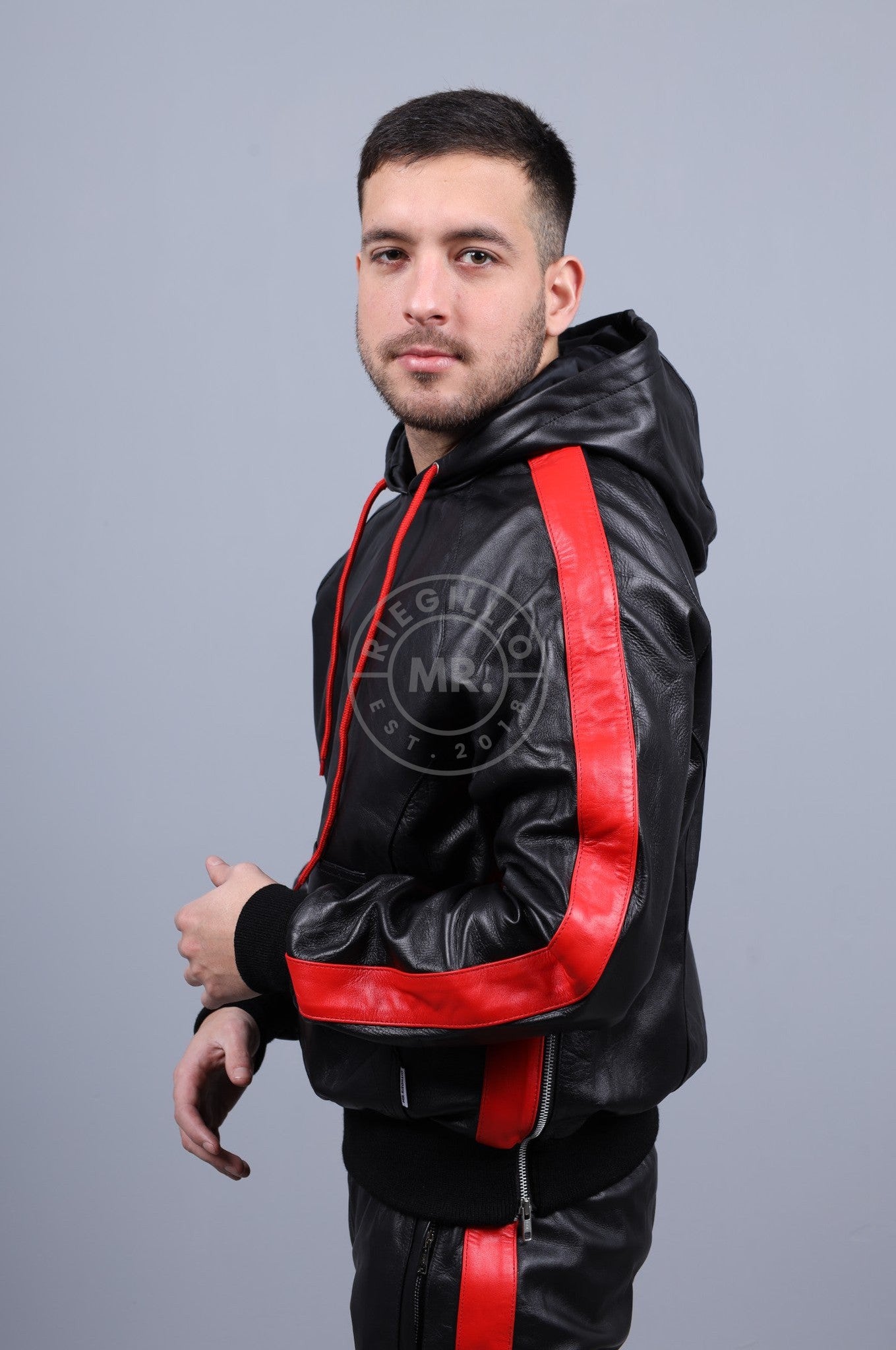 Black Leather Sports Hoodie - Red Stripe at MR. Riegillio