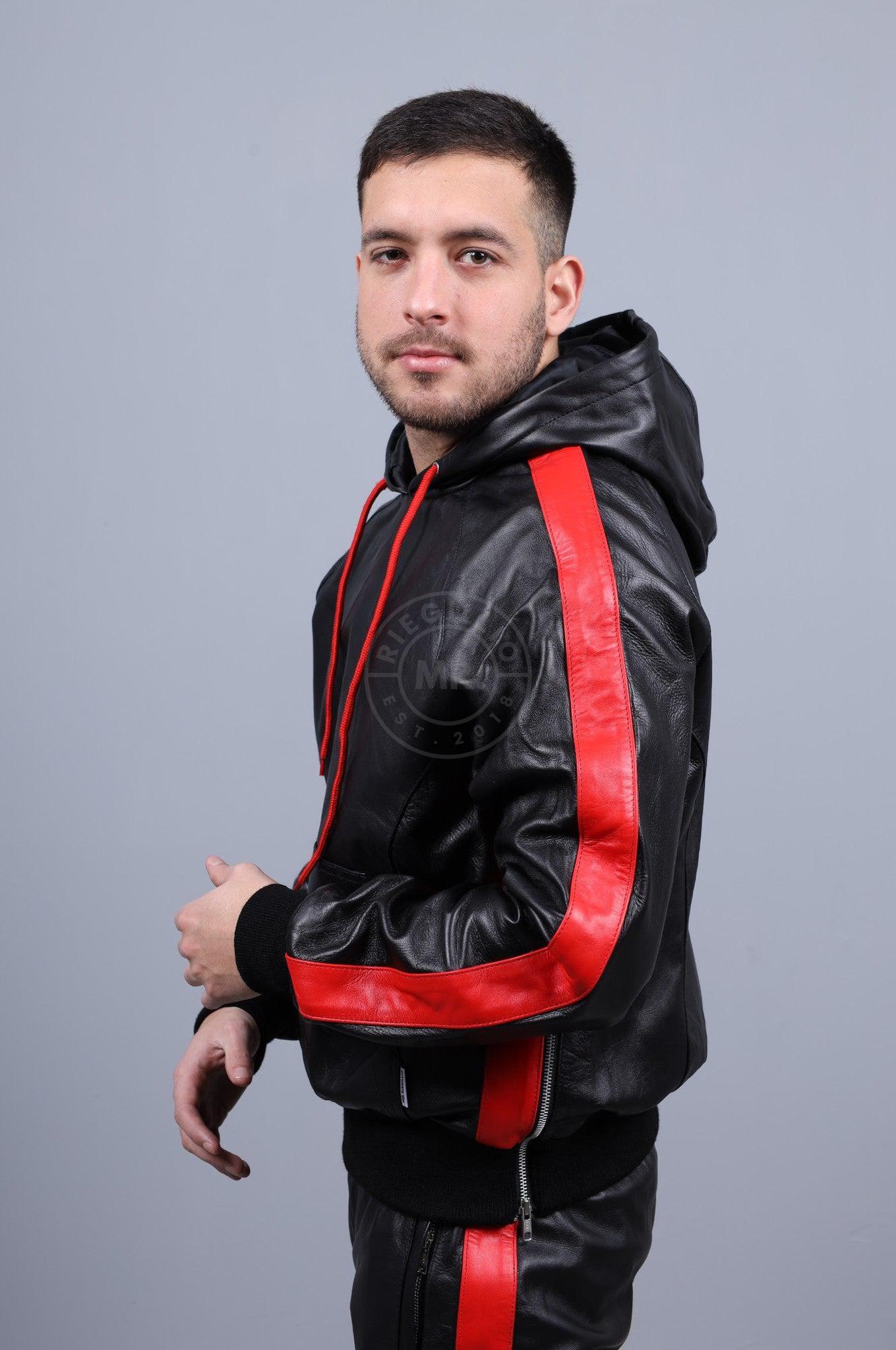 Black Leather Sports Hoodie - Red Stripe at MR. Riegillio