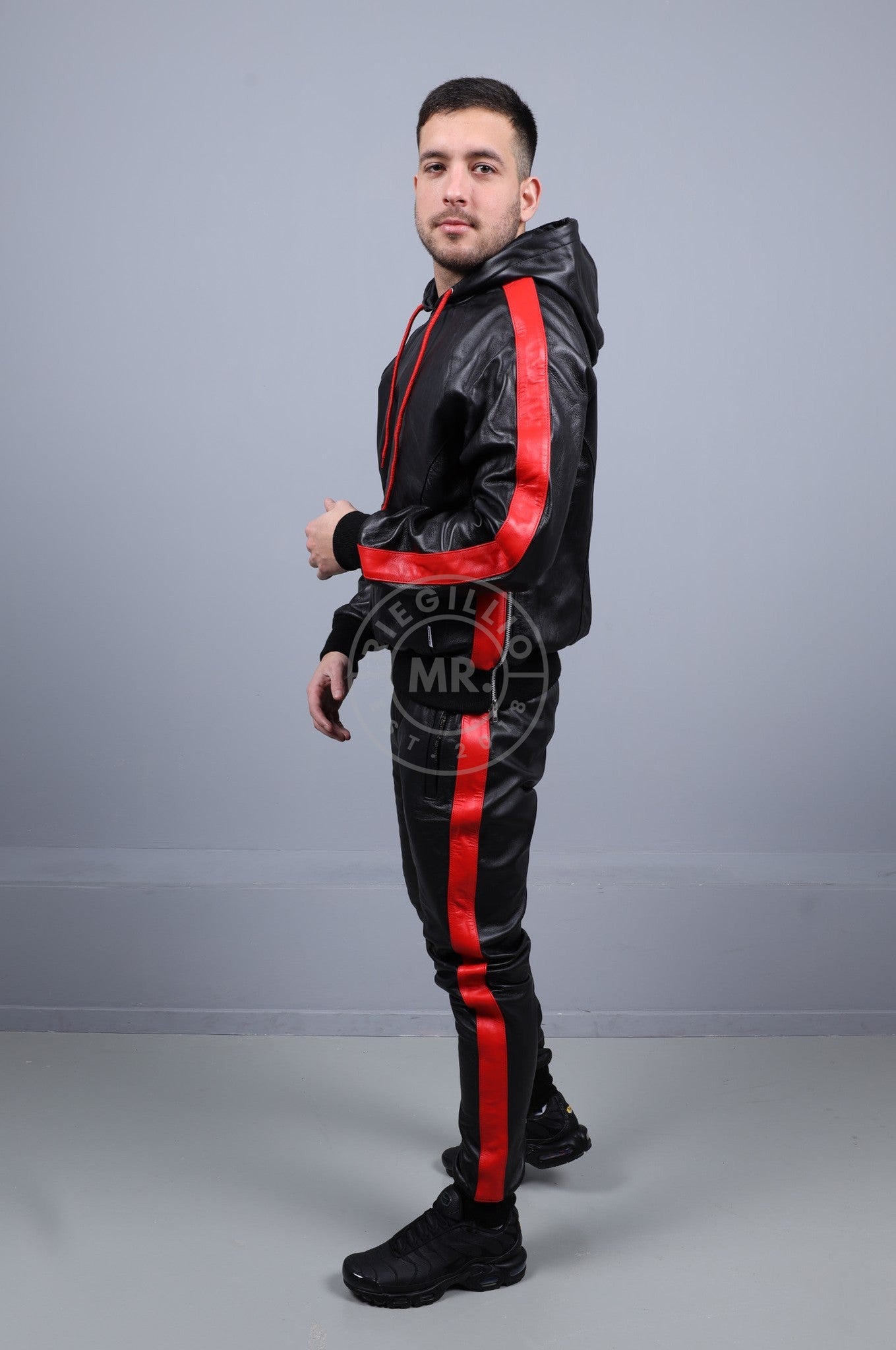 Black Leather Sports Pants - Red Stripe-at MR. Riegillio