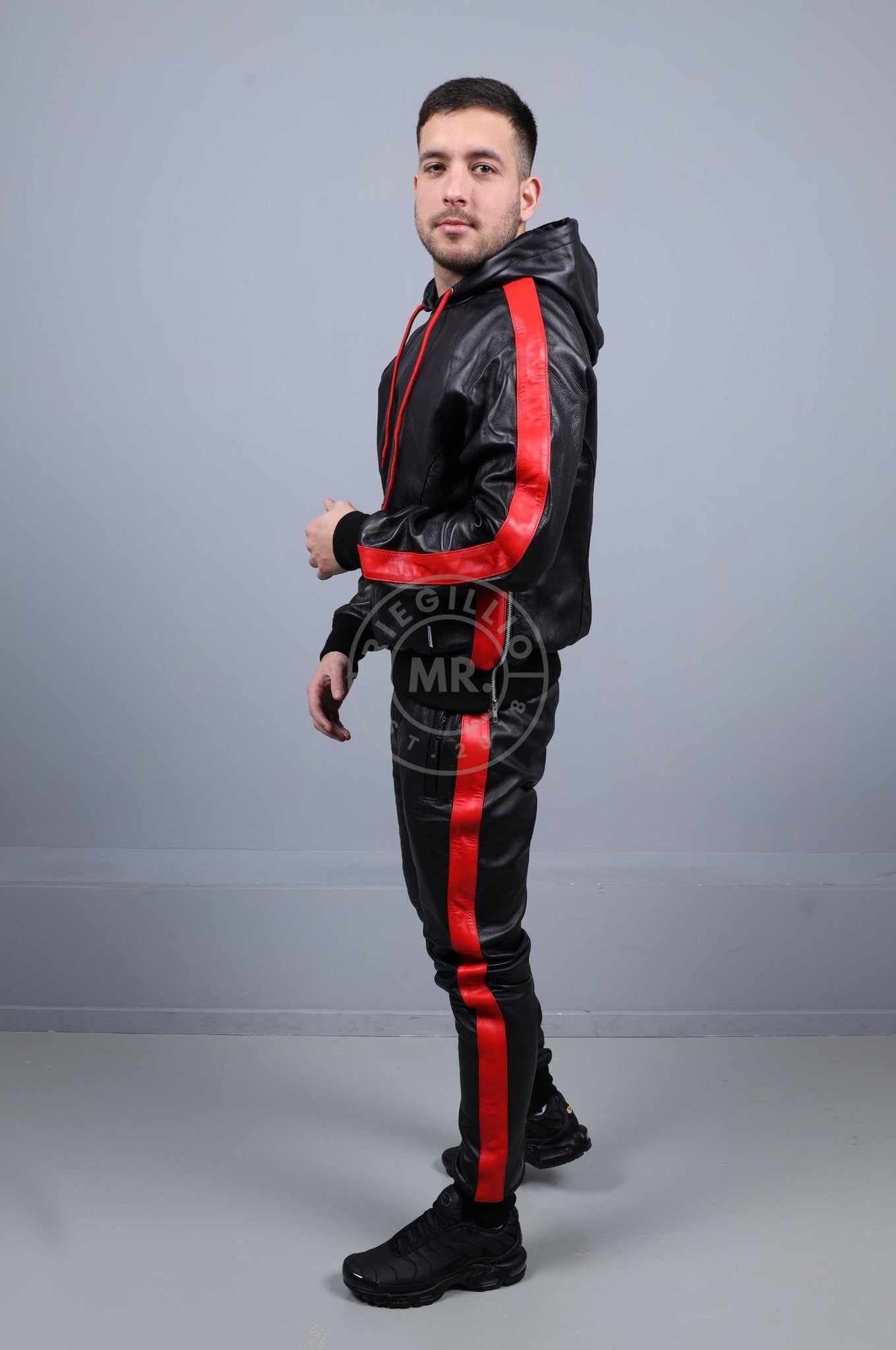 Black Leather Sports Hoodie - Red Stripe-at MR. Riegillio