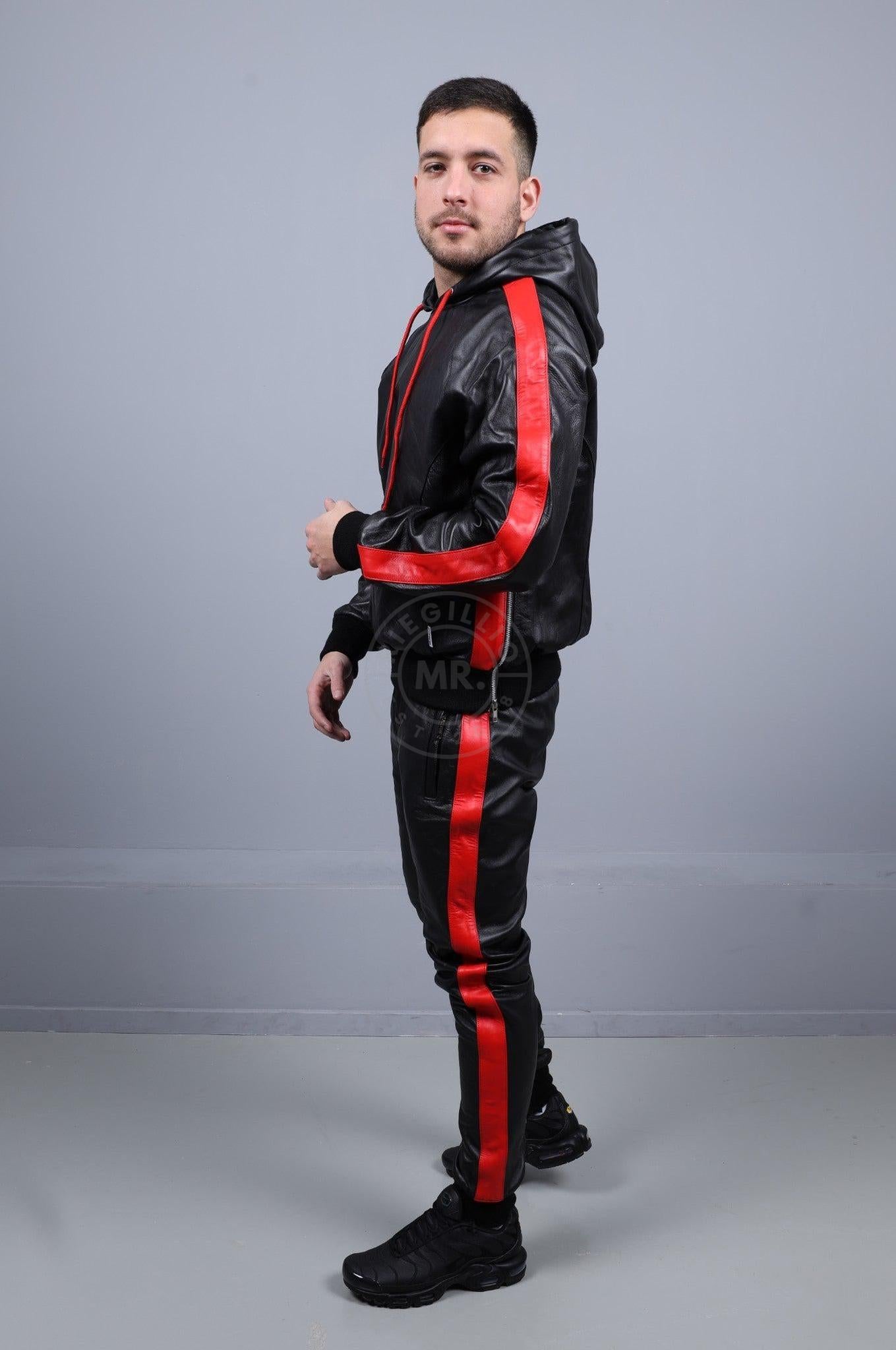 Black Leather Sports Hoodie - Red Stripe at MR. Riegillio