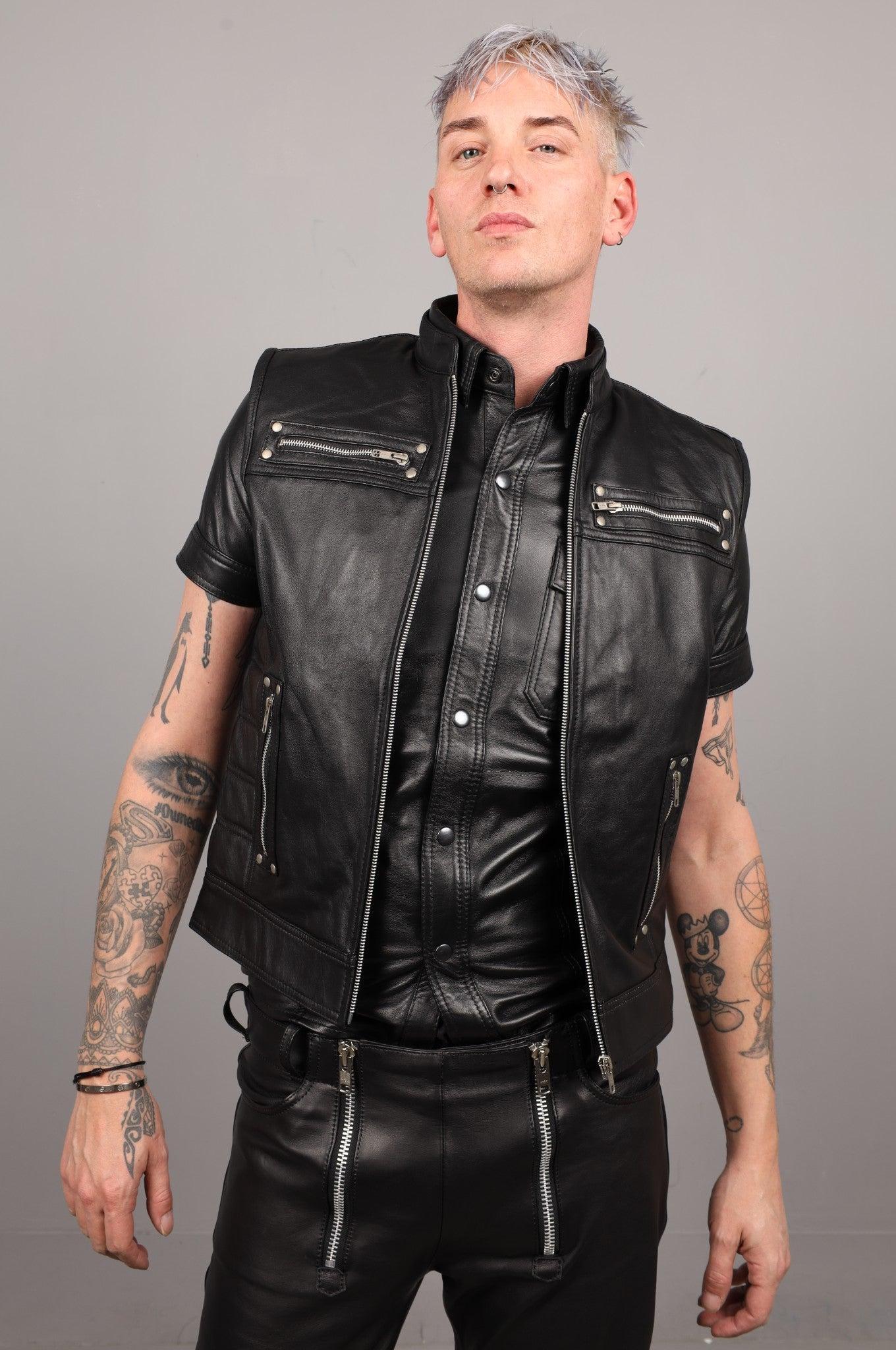 Black Leather Zipper Vest at MR. Riegillio