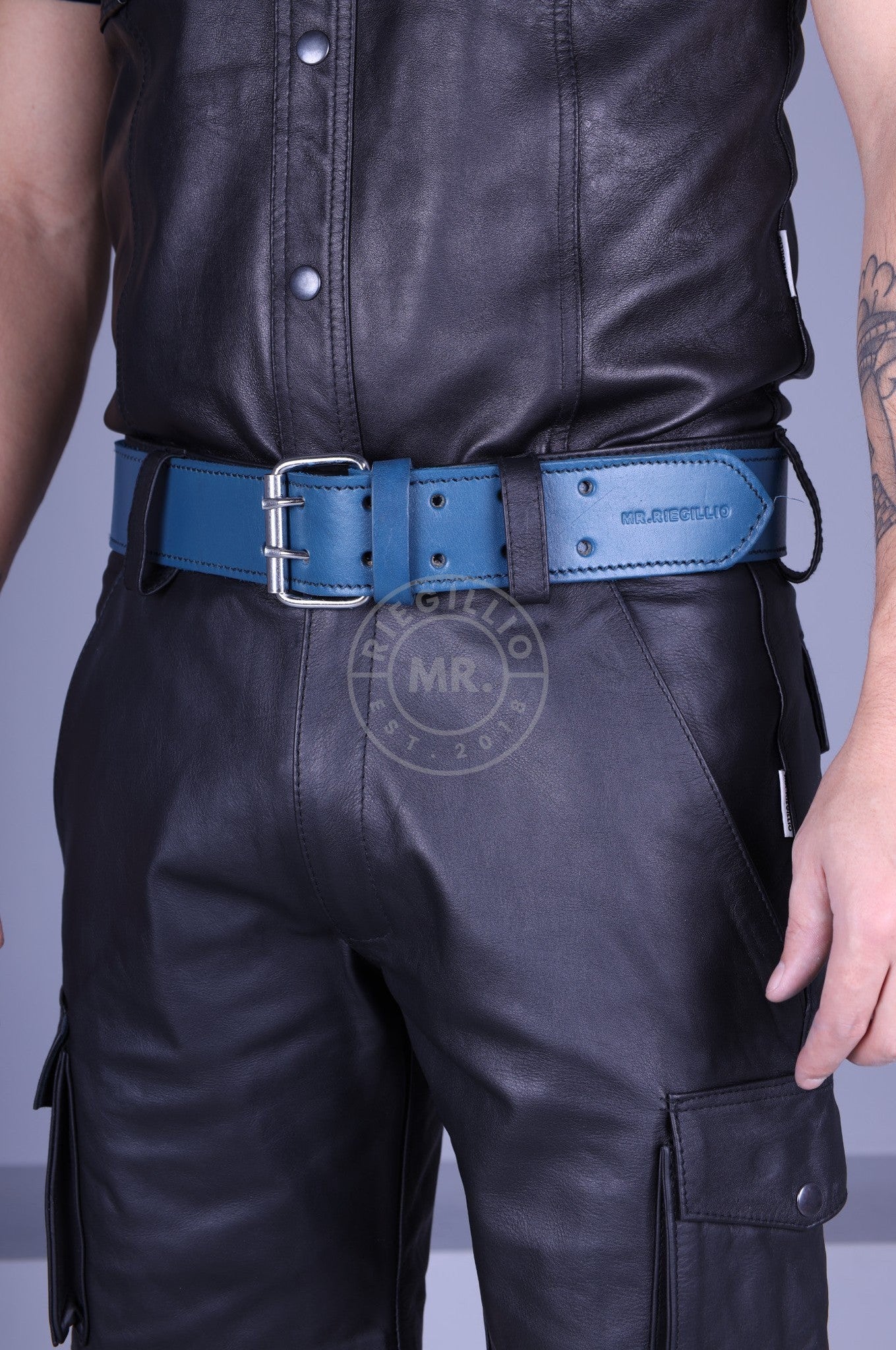 Jeans Blue Leather Belt at MR. Riegillio