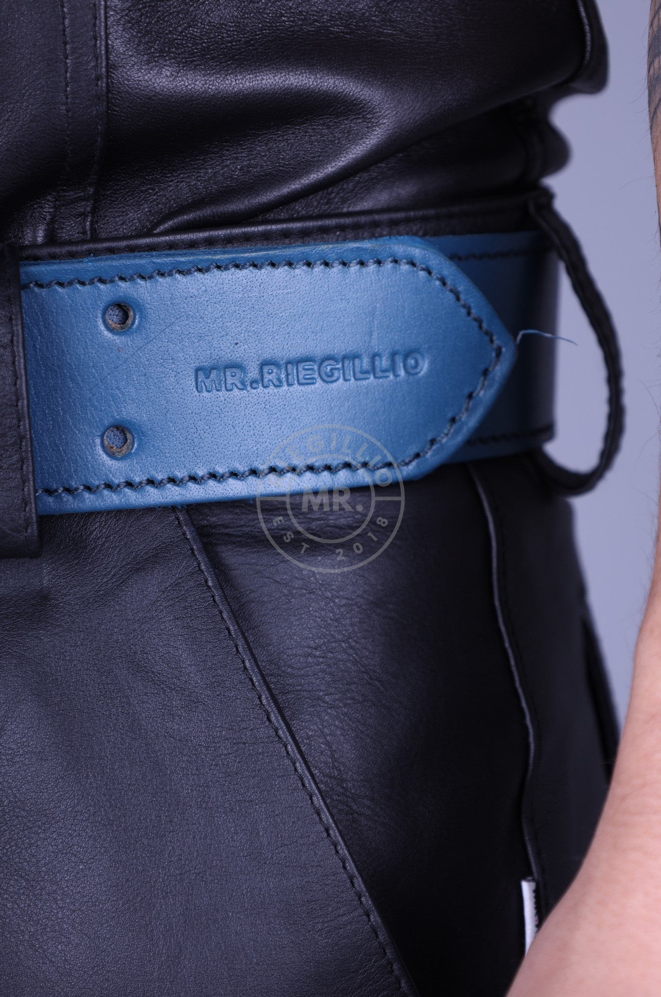 Jeans Blue Leather Belt at MR. Riegillio