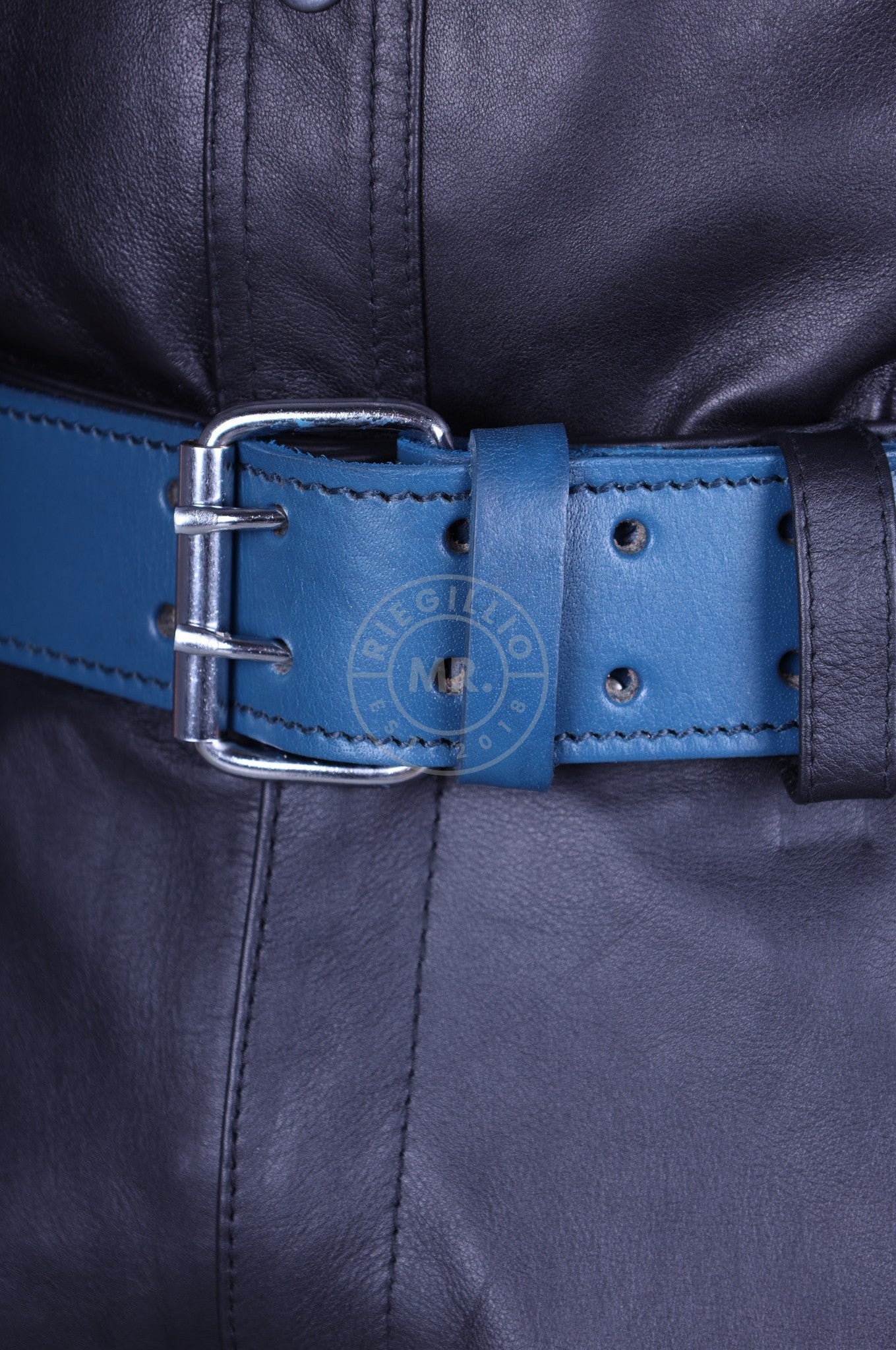 Jeans Blue Leather Belt at MR. Riegillio