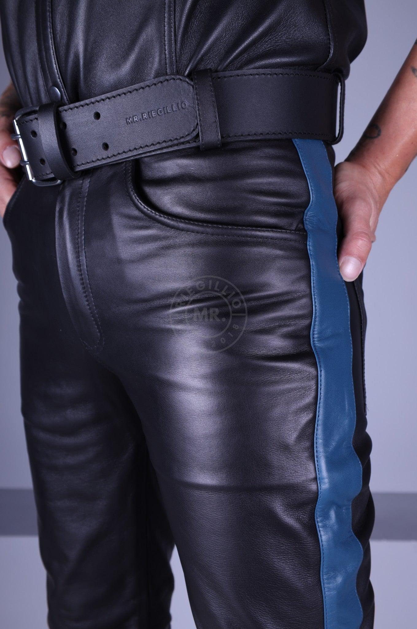 Black Leather 5 Pocket Pants - Jeans Blue Stripe at MR. Riegillio
