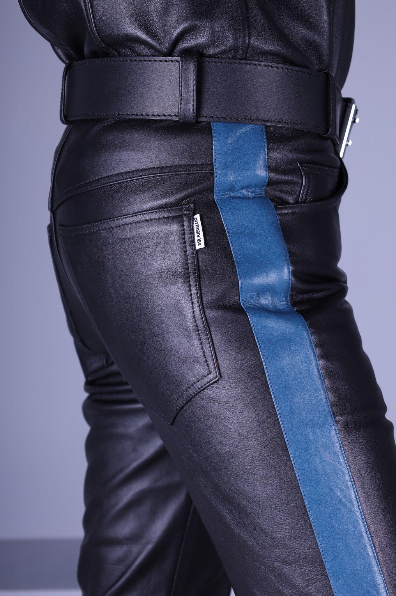 Black Leather 5 Pocket Pants - Jeans Blue Stripe at MR. Riegillio