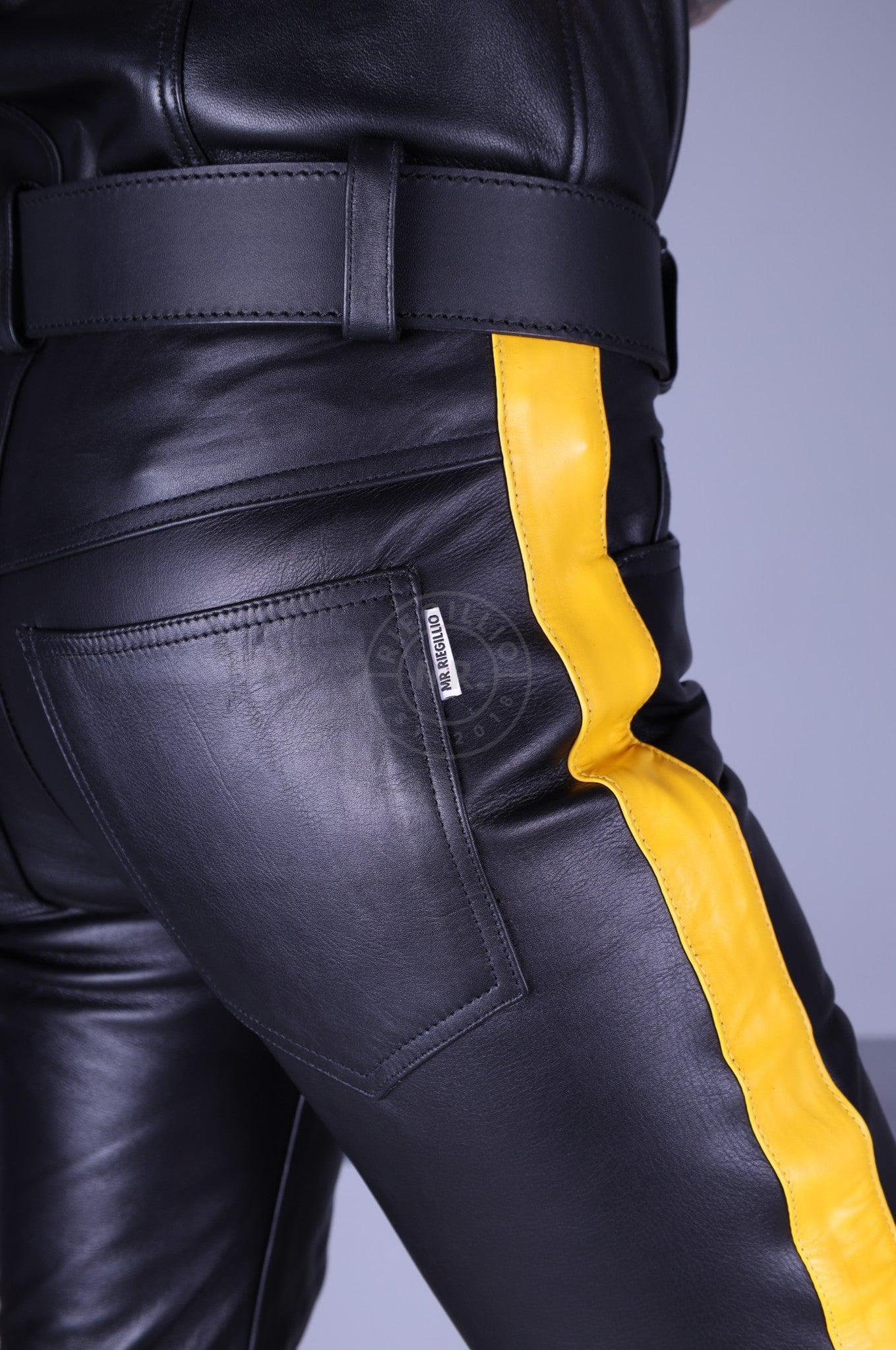 Black Leather 5 Pocket Pants - Yellow Stripe at MR. Riegillio