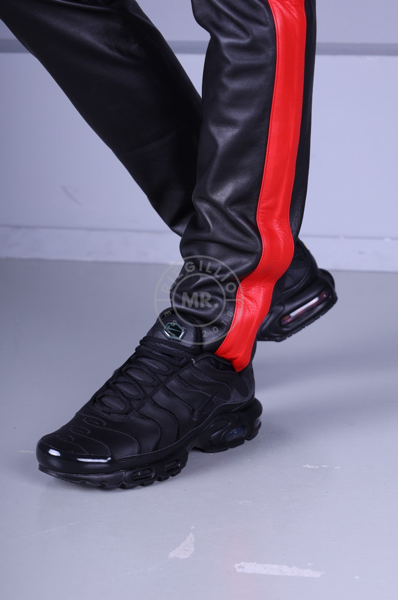 Black Leather 5 Pocket Pants - Red Stripe at MR. Riegillio