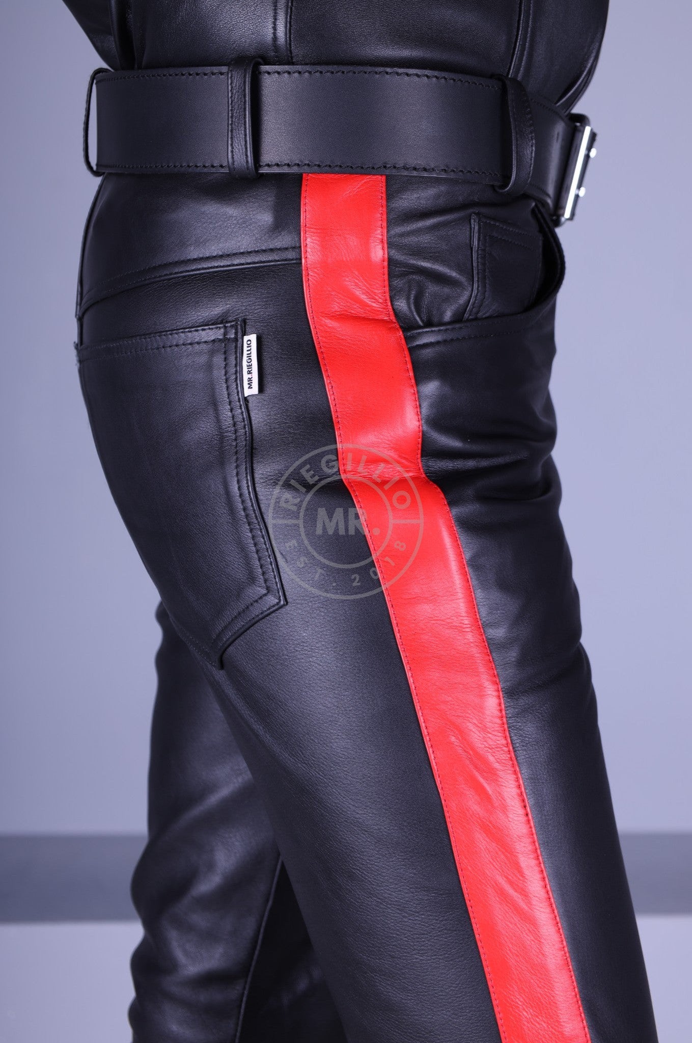 Black Leather 5 Pocket Pants - Red Stripe at MR. Riegillio