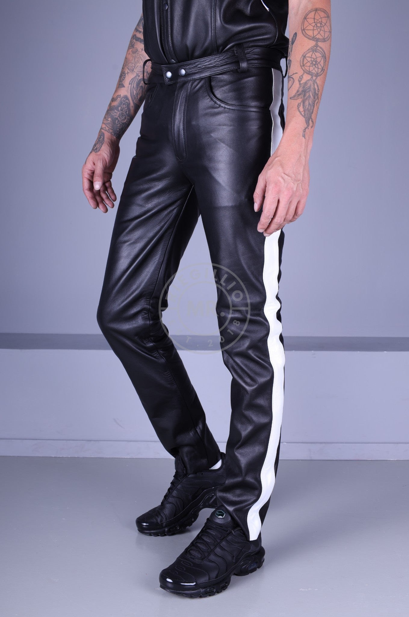 Black Leather 5 Pocket Pants - White Stripe at MR. Riegillio