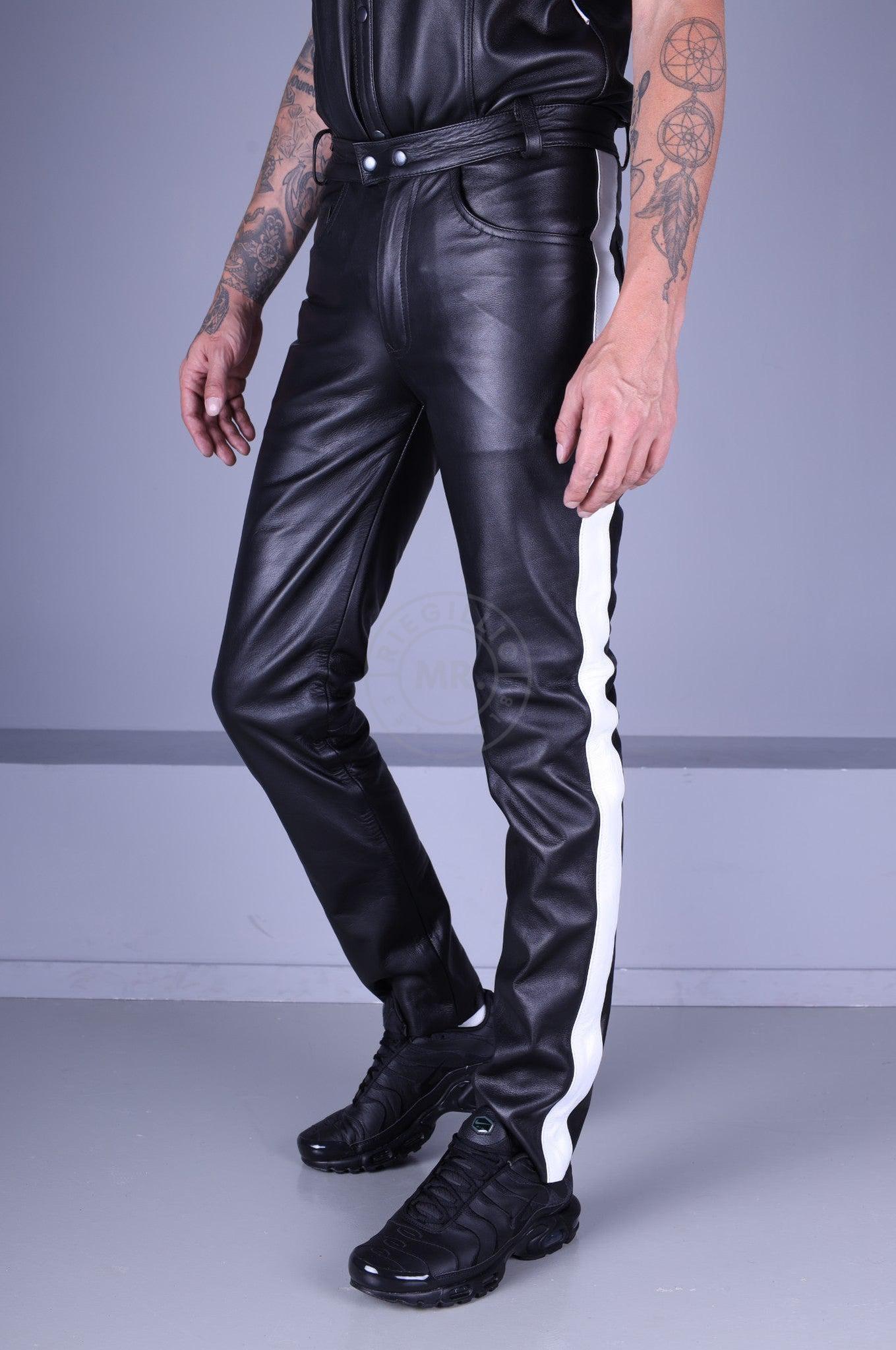 Black Leather 5 Pocket Pants - White Stripe at MR. Riegillio
