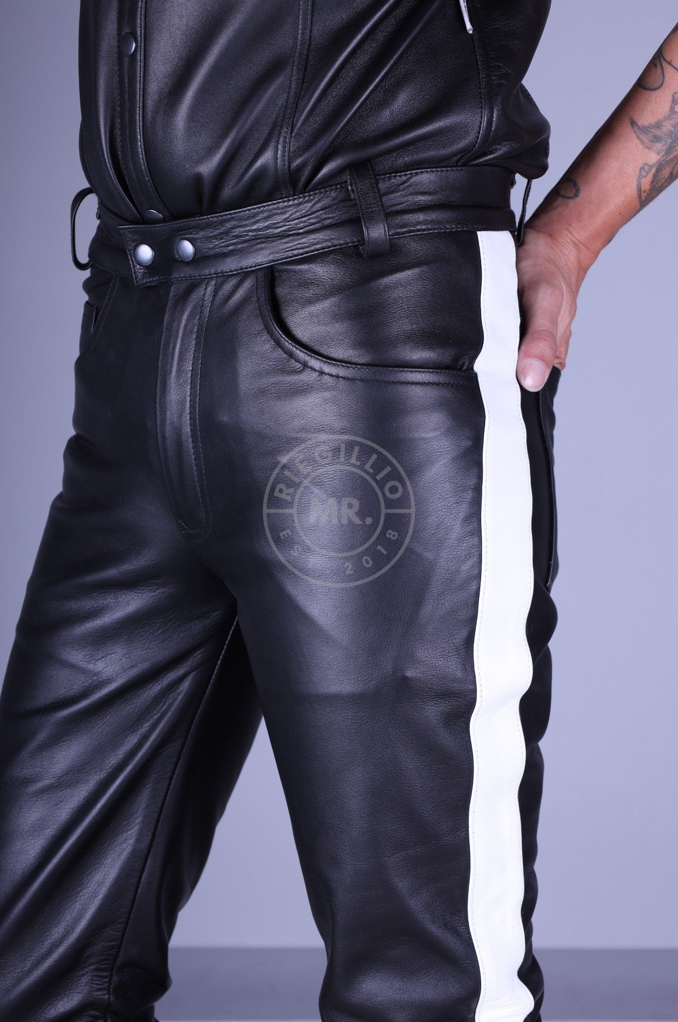 Black Leather 5 Pocket Pants - White Stripe at MR. Riegillio