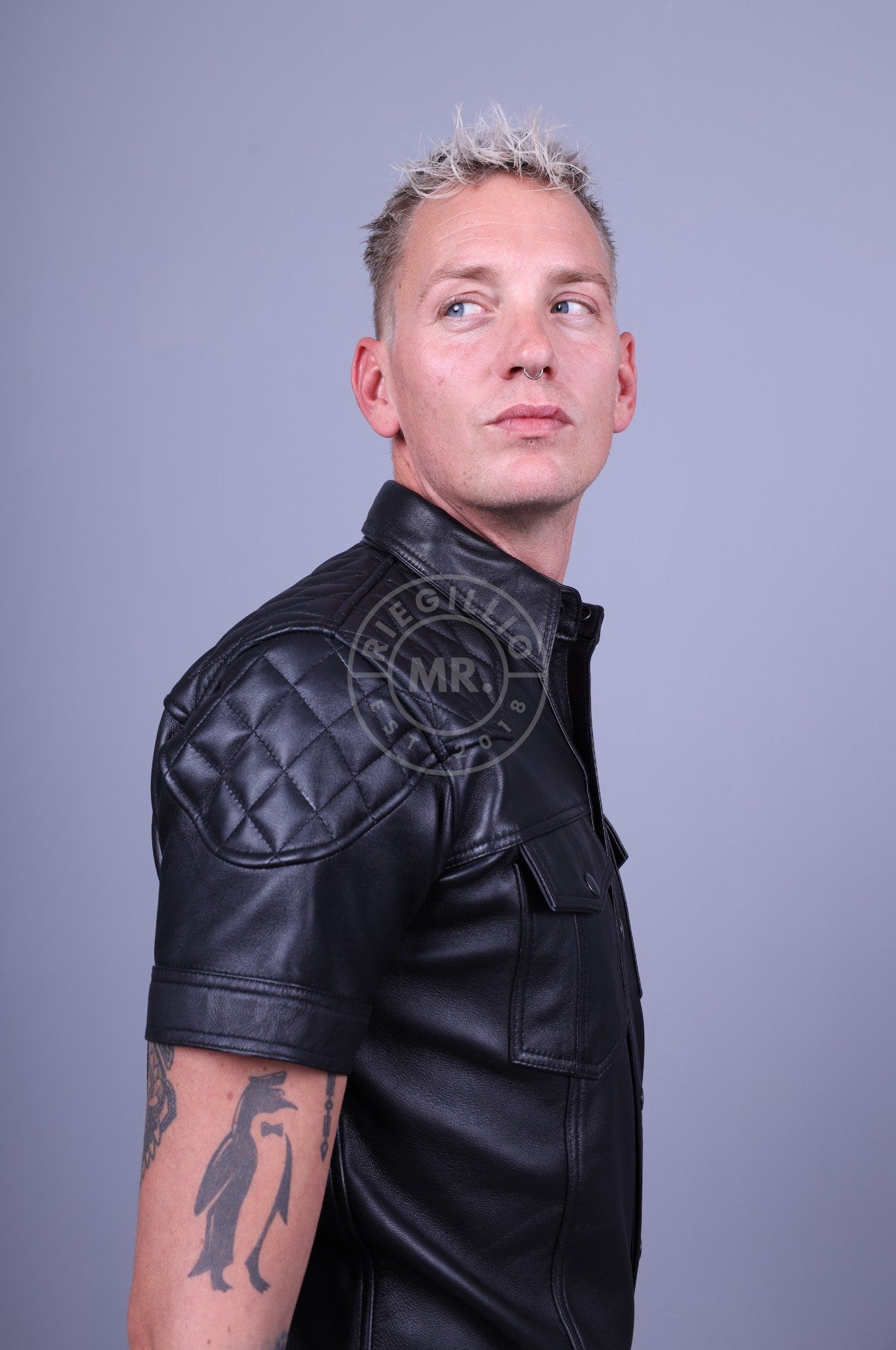 Black Leather Shirt with Black Padding at MR. Riegillio