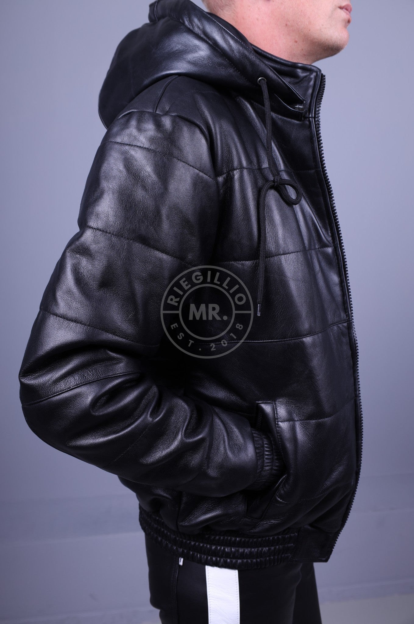 Black Leather Puffed Bomber Jacket at MR. Riegillio