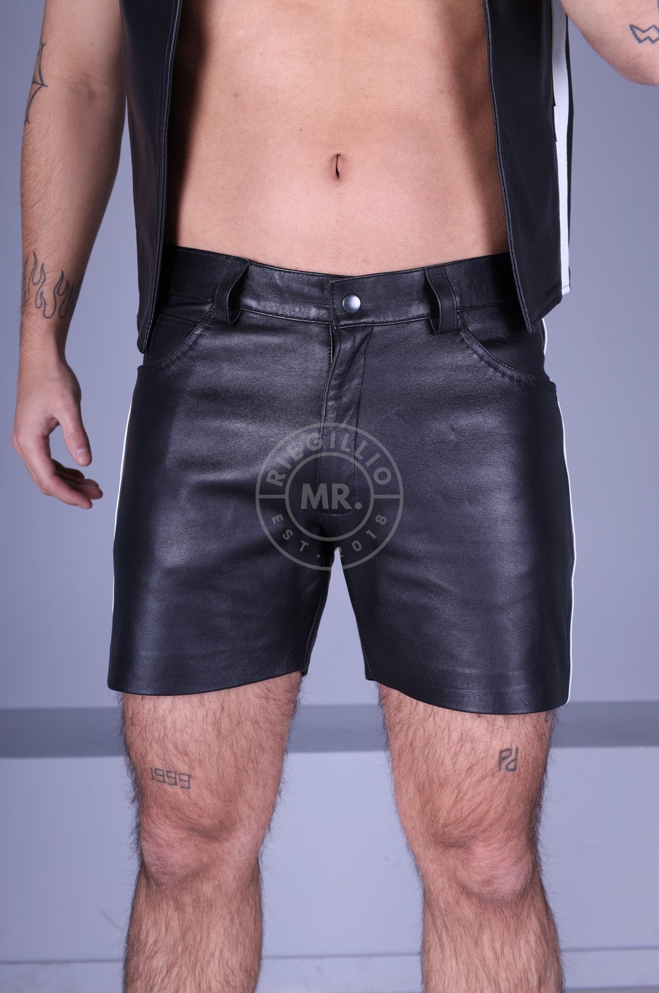 Black Leather 5 Pocket Short - White Stripe at MR. Riegillio