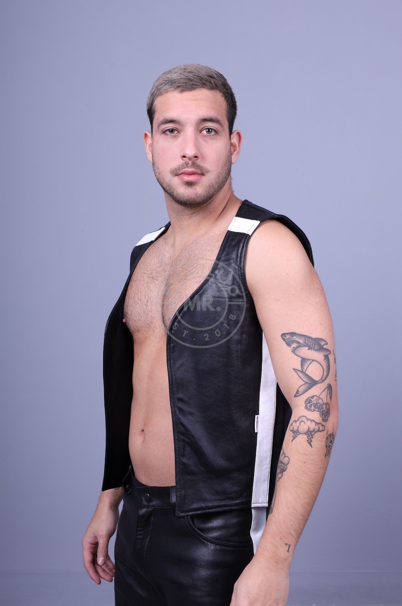 Black Leather Waistcoat - White Stripe at MR. Riegillio