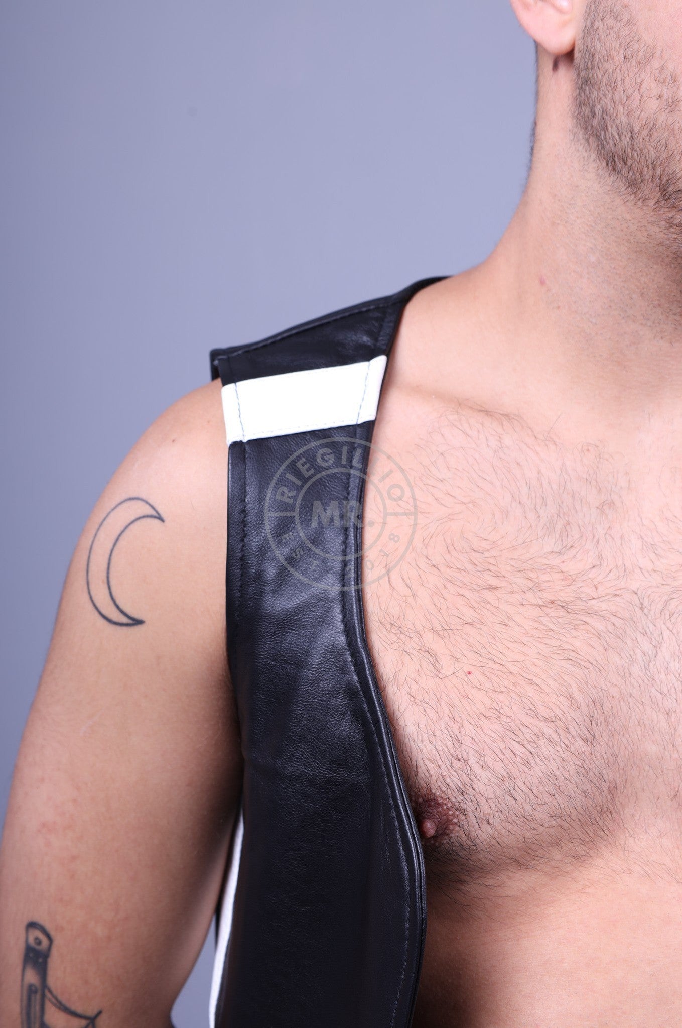 Black Leather Waistcoat - White Stripe at MR. Riegillio