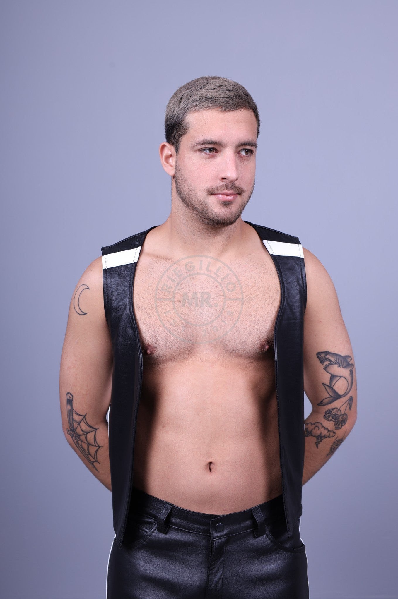 Black Leather Waistcoat - White Stripe at MR. Riegillio