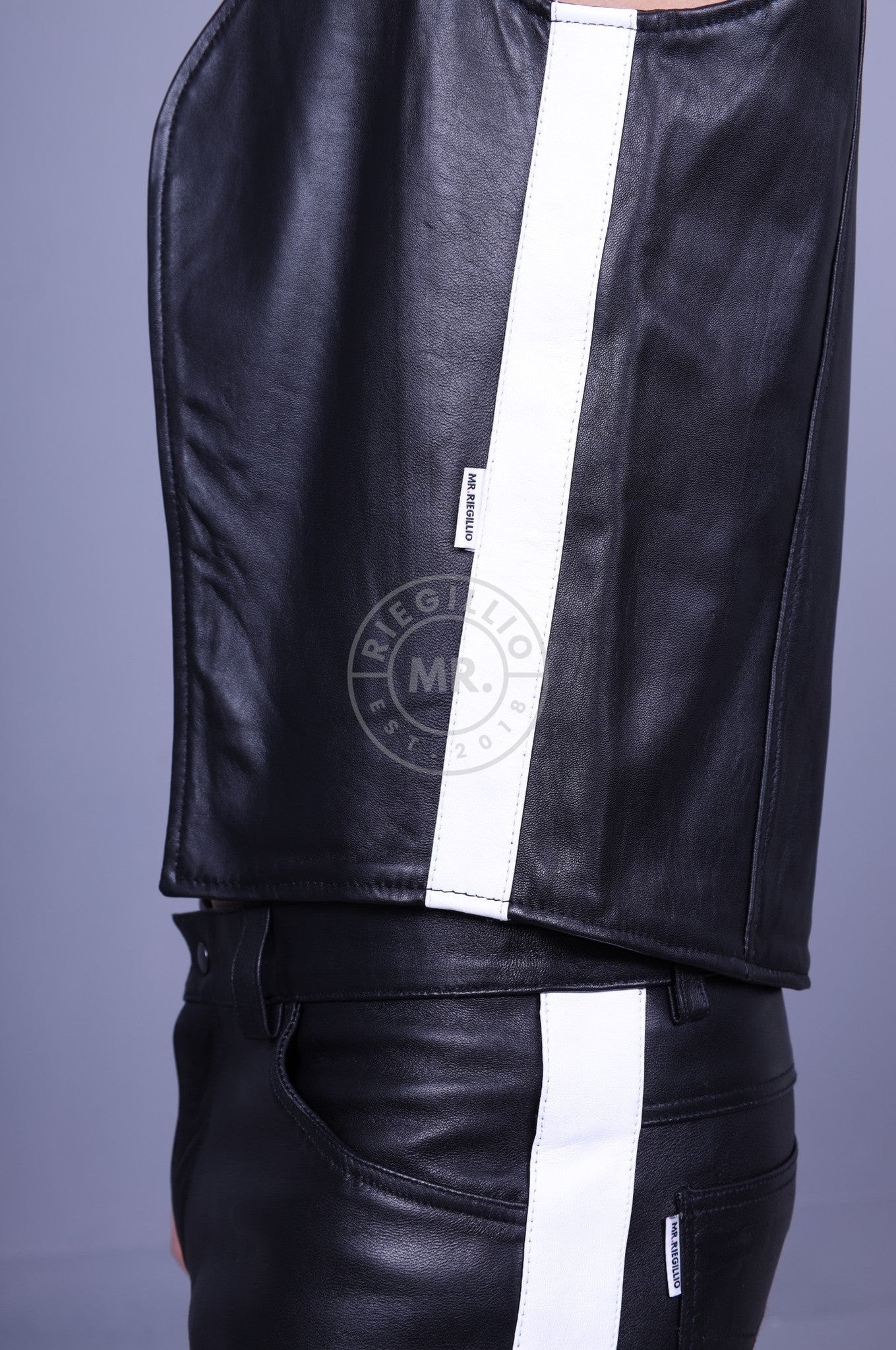 Black Leather Waistcoat - White Stripe at MR. Riegillio