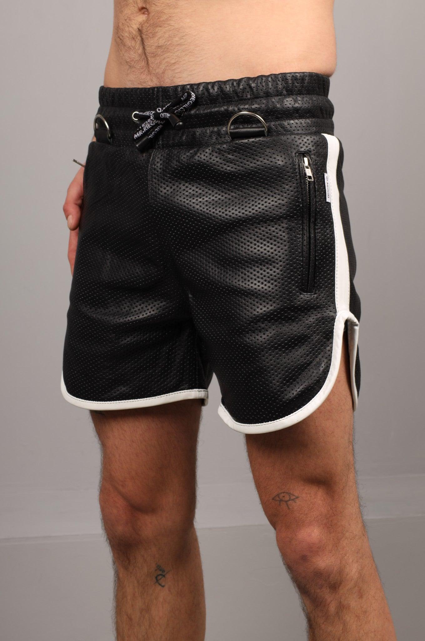 Black Leather String Perforated Short at MR. Riegillio