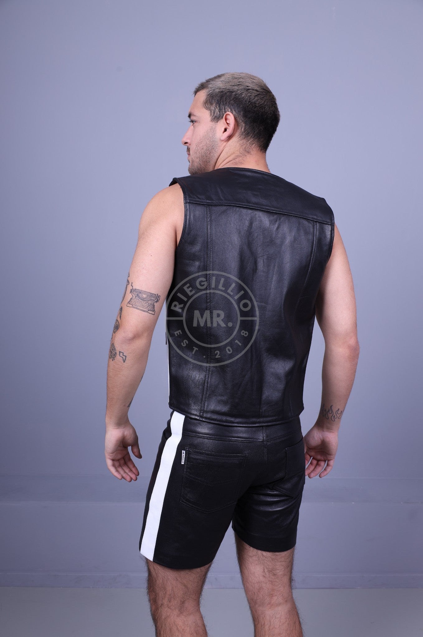 Black Leather Waistcoat - White Stripe at MR. Riegillio
