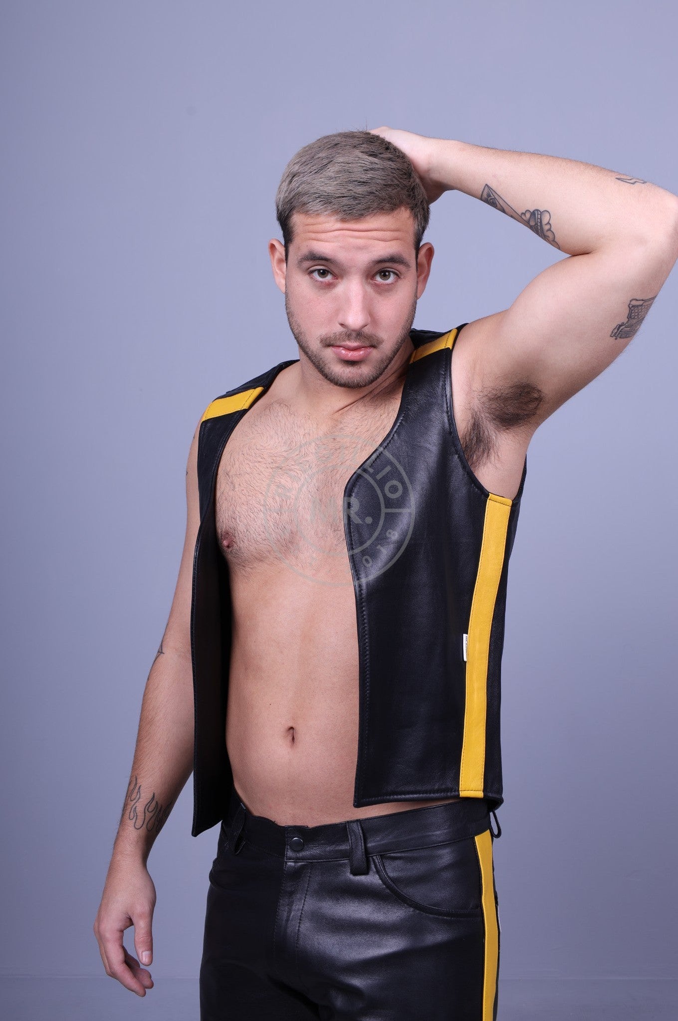Black Leather Waistcoat - Yellow Stripe at MR. Riegillio
