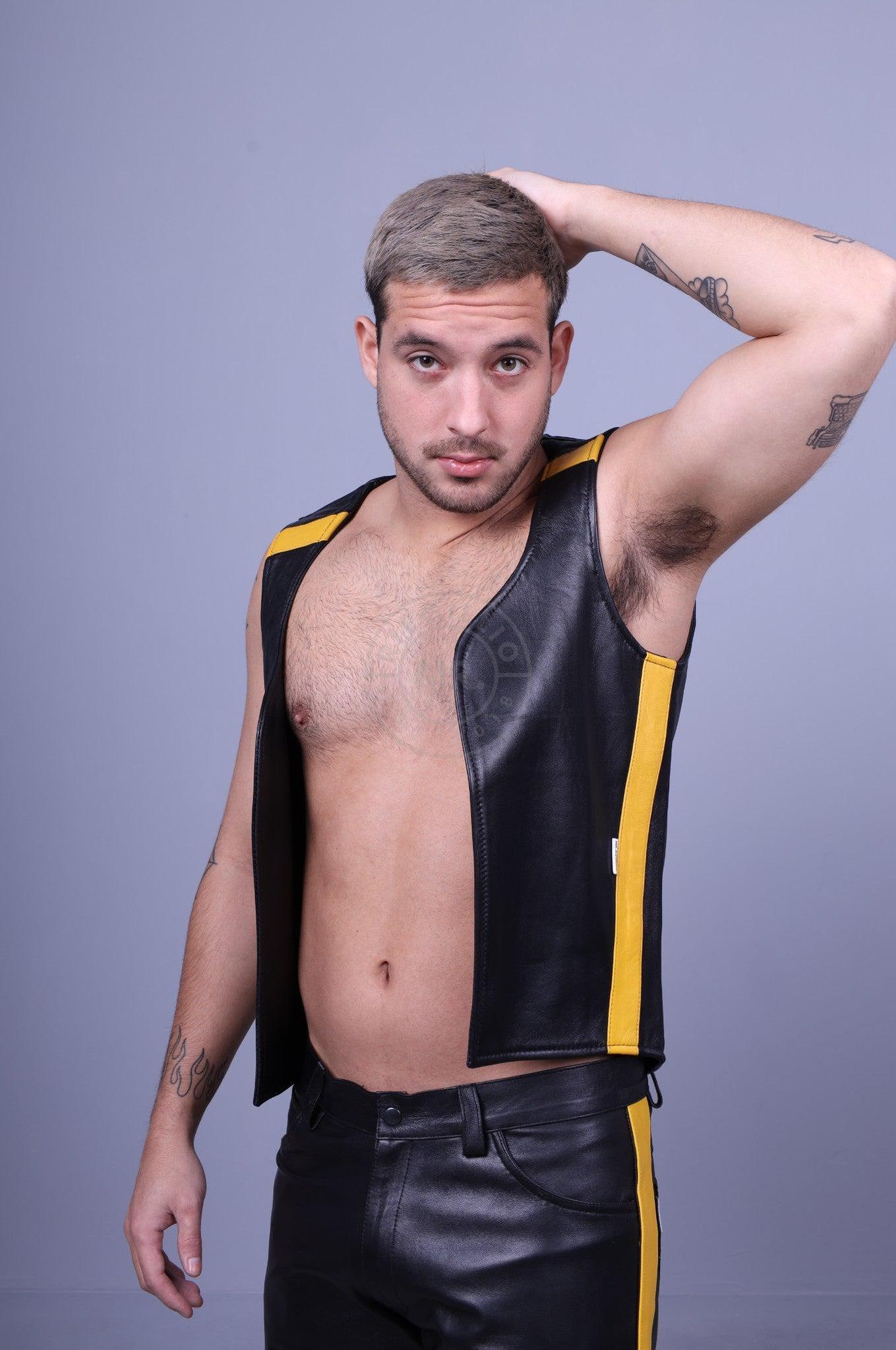 Black Leather Waistcoat - Yellow Stripe at MR. Riegillio