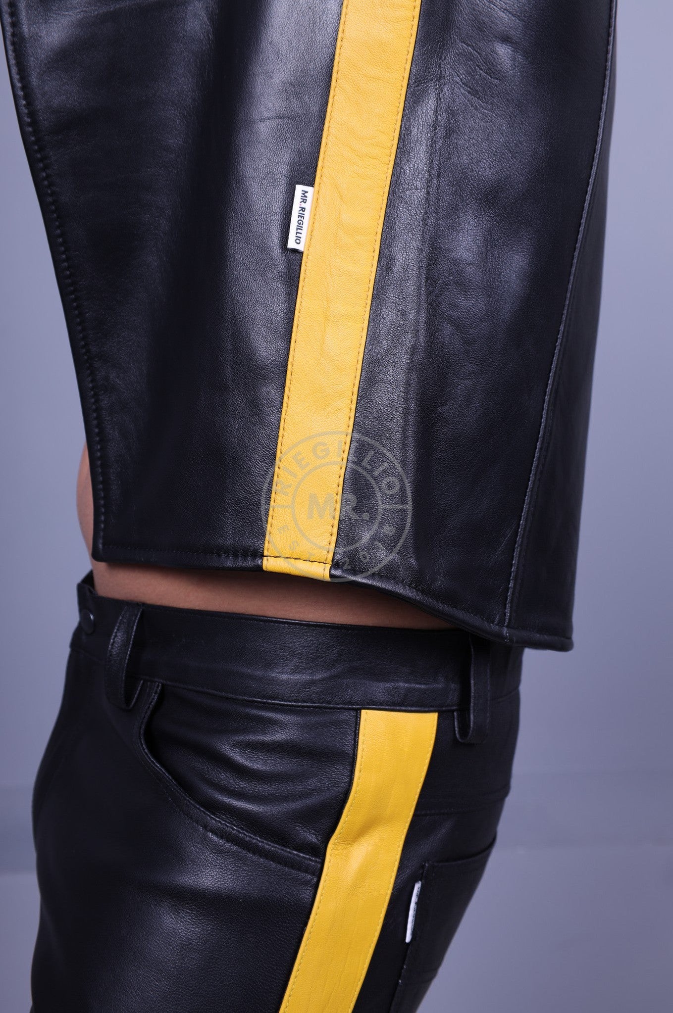 Black Leather Waistcoat - Yellow Stripe at MR. Riegillio