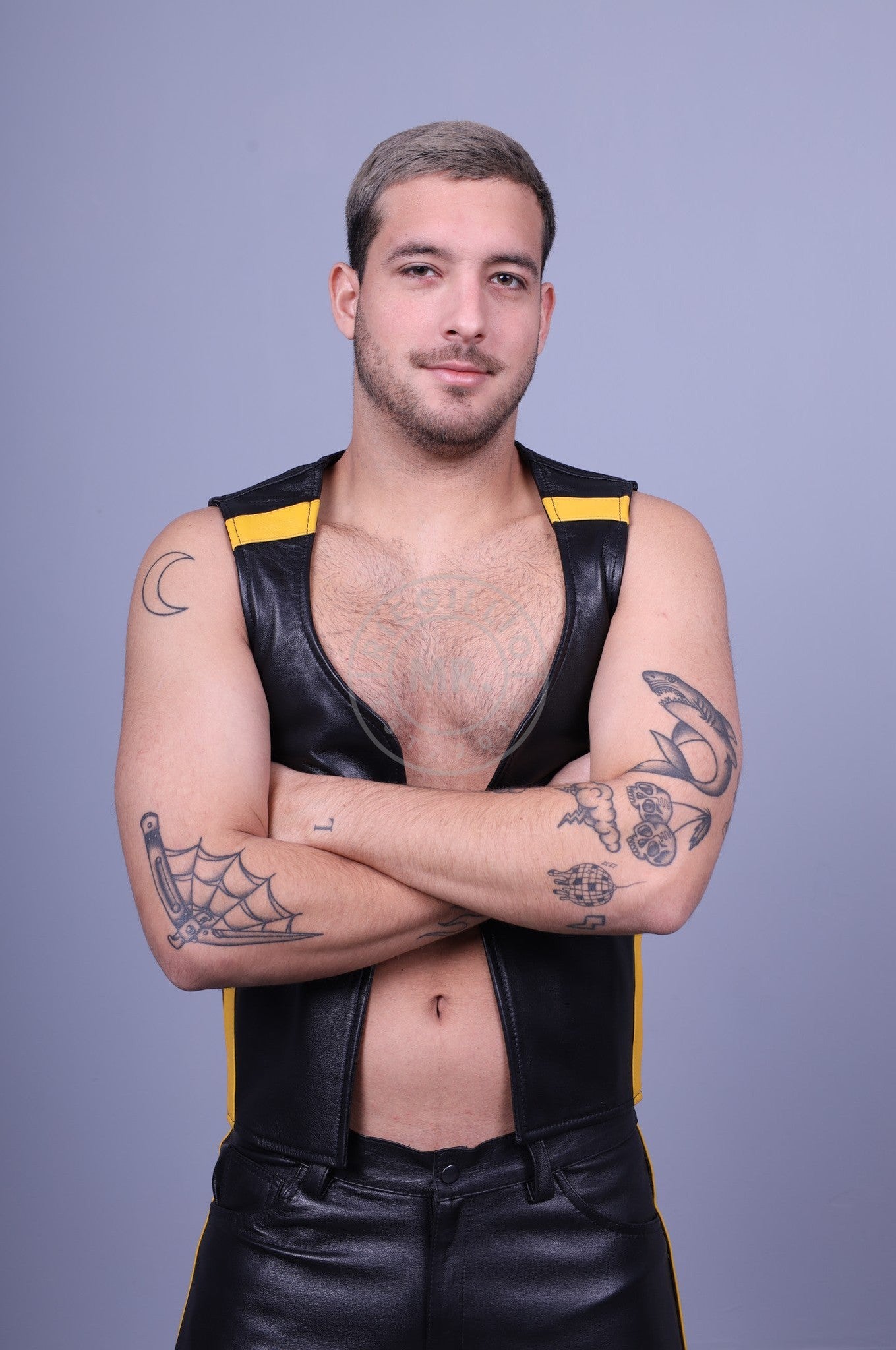 Black Leather Waistcoat - Yellow Stripe at MR. Riegillio