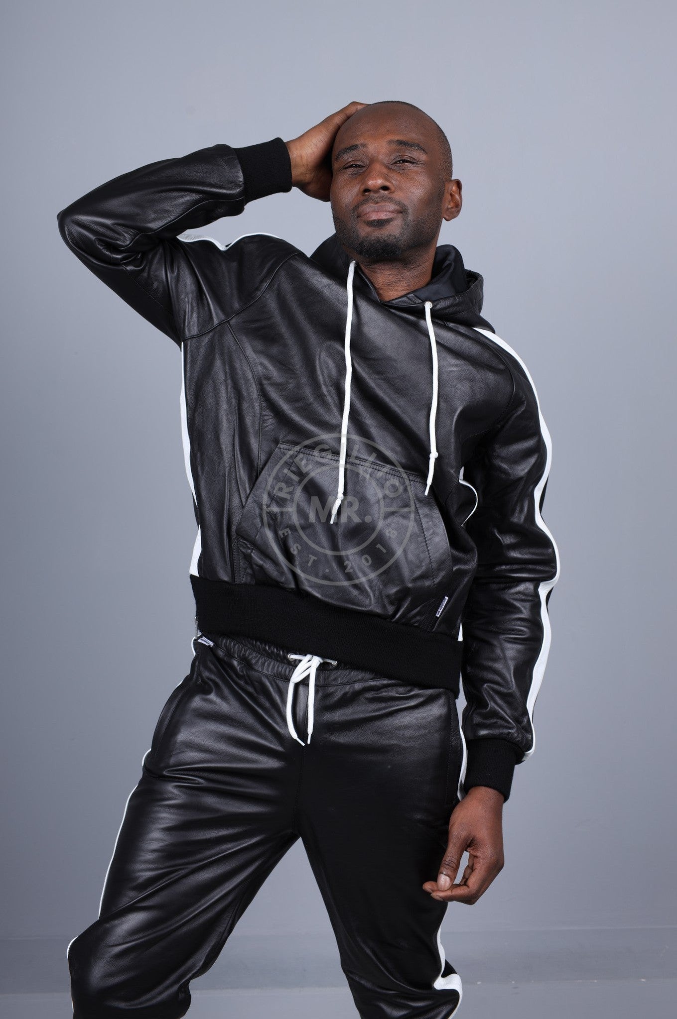 Black Leather Sports Hoodie - White Stripe at MR. Riegillio