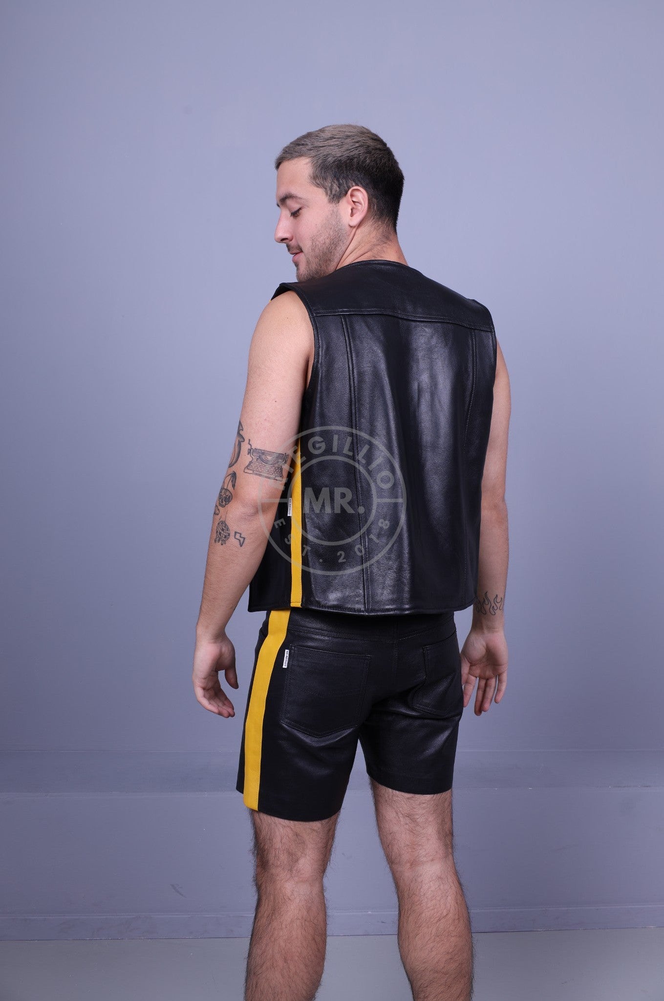 Black Leather 5 Pocket Short - Yellow Stripe at MR. Riegillio