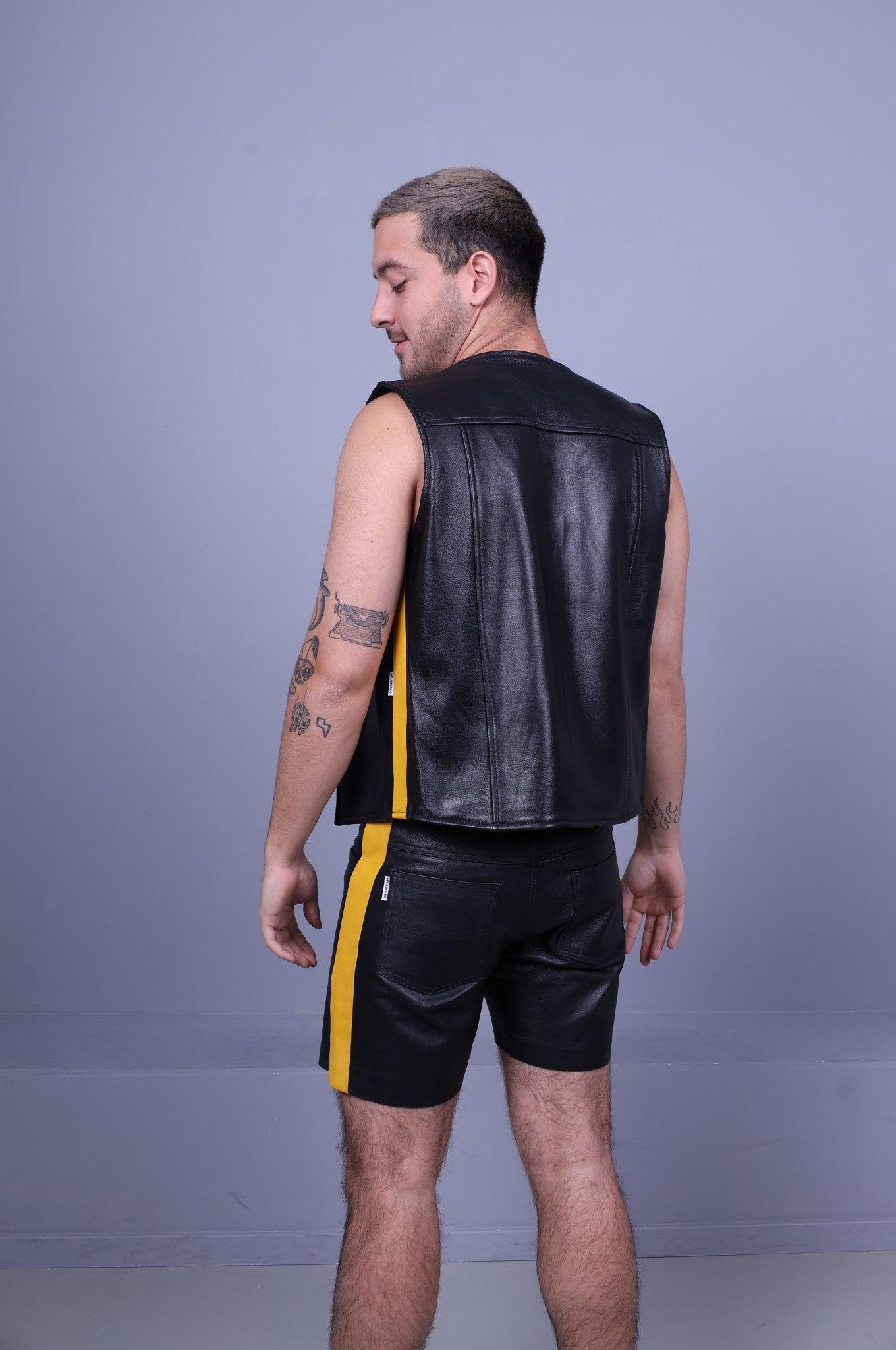 Black Leather Waistcoat - Yellow Stripe at MR. Riegillio