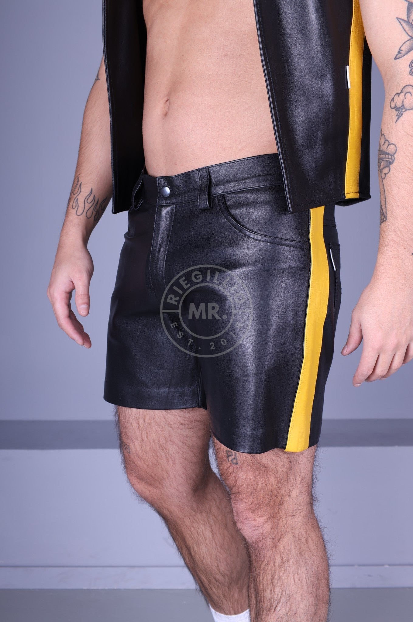 Black Leather 5 Pocket Short - Yellow Stripe-at MR. Riegillio